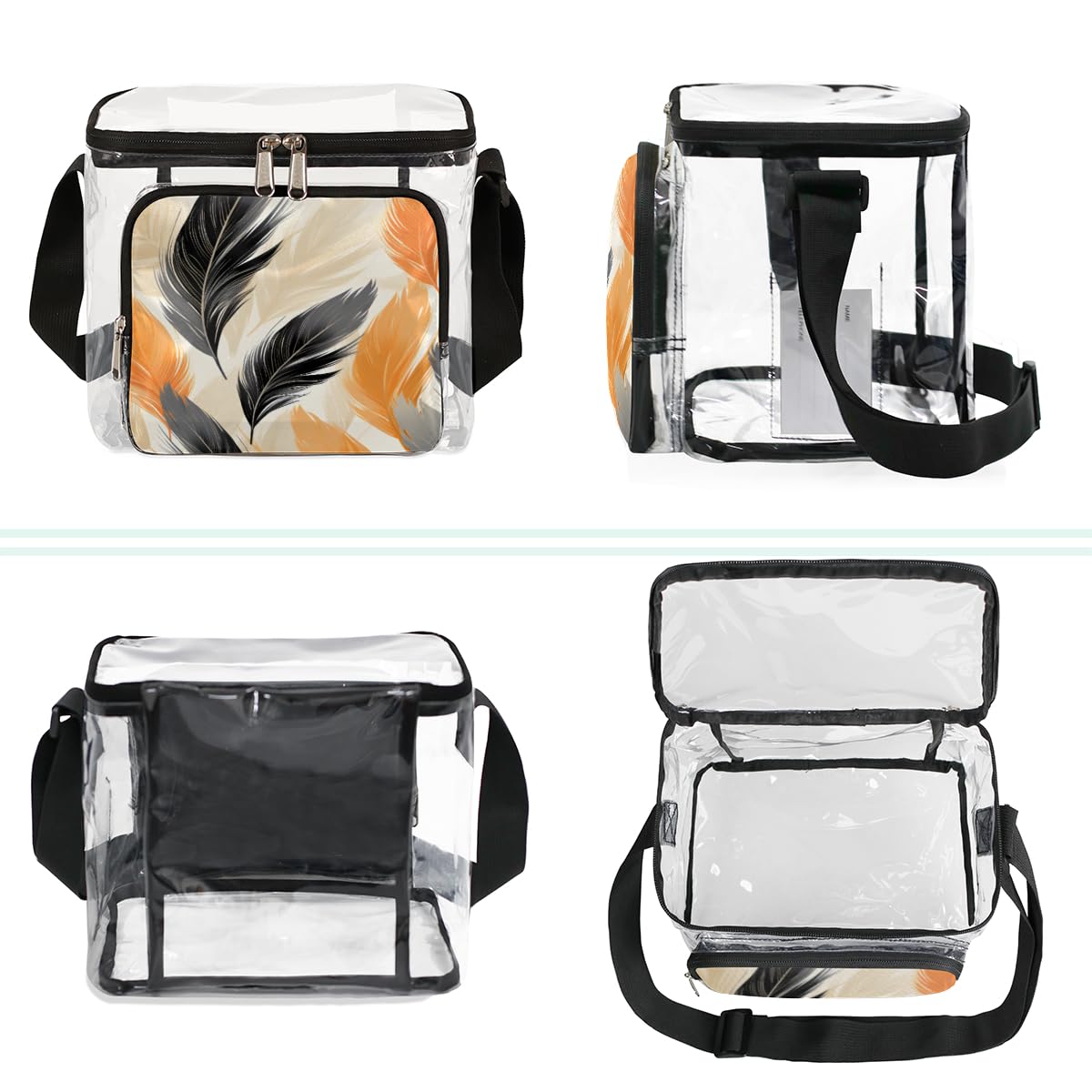 GzLeyigou Black & Yellow Feather Clear Tote Bag with Handles - Transparent Crossbody Shoulder Purse for Women, Lunch Bag - Perfect for Outdoor Travel, Picnic, Concerts & Sports Events (Stadium Approved)