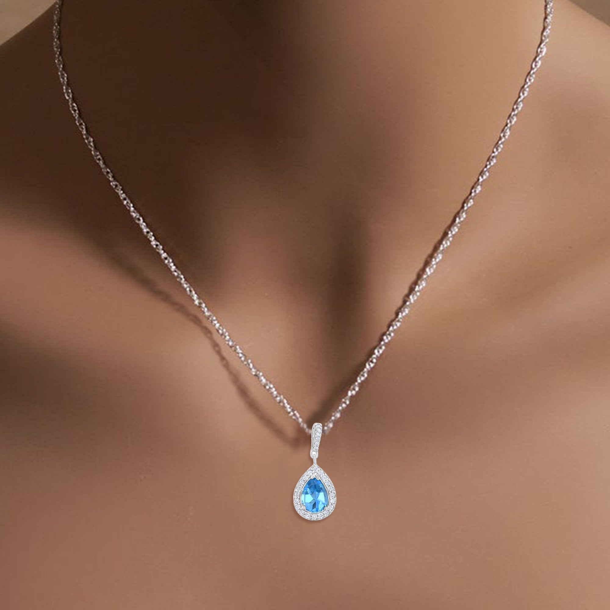 Ocean Blue Topaz Teardrop Diamond Pendant .37cttw 14k White Gold Necklace - Elegant Jewelry Gift for Women, Perfect for Anniversaries, Birthdays & Special Occasions