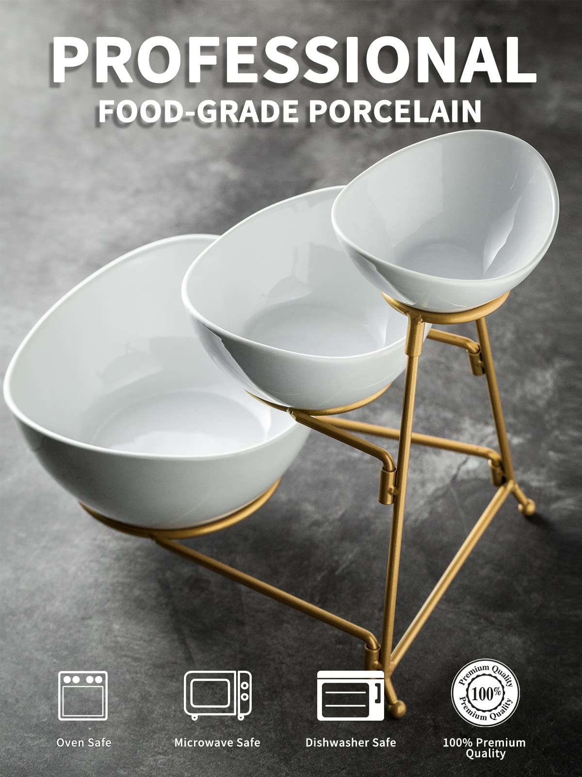 LAUCHUH 3-Tier Collapsible Serving Stand with Porcelain Bowls - Sturdy Dessert & Fruit Display Rack for Parties, Weddings & Home Entertaining