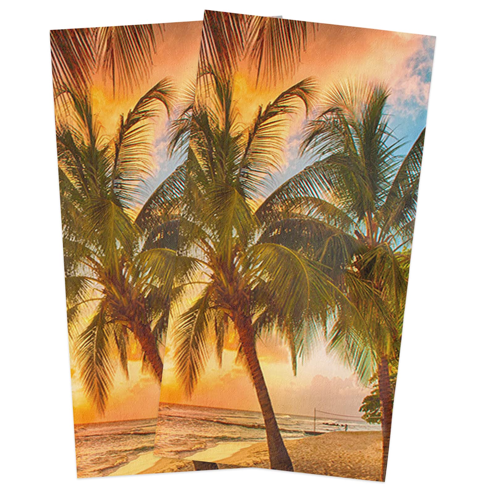 Premium Cotton Kitchen Towels Set of 2 - 16x28 Inches Ultra Soft Absorbent Dish Cloths, Tea Towels & Hand Towels with Tropical Sunset Coconut Tree Design - Perfect for Cooking, Cleaning, Dish Drying & Home Decor