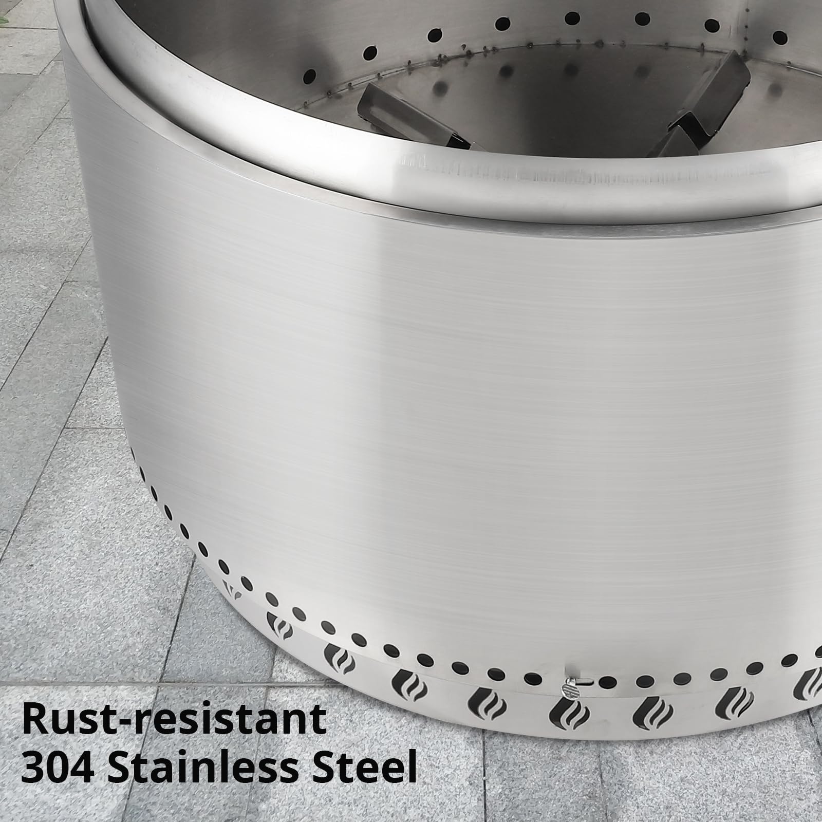 GARVEE 32 Inch Smokeless Fire Pit - 304 Stainless Steel Wood Burning Fire Pit with Removable Ash Pan, Round Bottom Design & Flame Cutout (Includes Handles) - Portable Outdoor Fire Pit for Camping, Backyard, Patio, Garden - Perfect for S'mores, Bonfires & Outdoor Gatherings