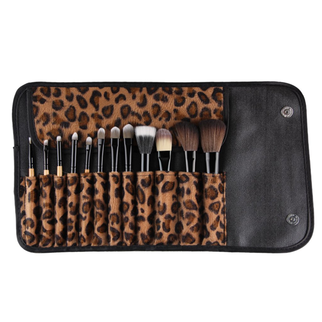 12-Piece Natural Wood Professional Makeup Brush Set - Eyeshadow, Kabuki, Foundation Brushes with Leopard Print Pouch - Perfect for Travel & Everyday Makeup Application