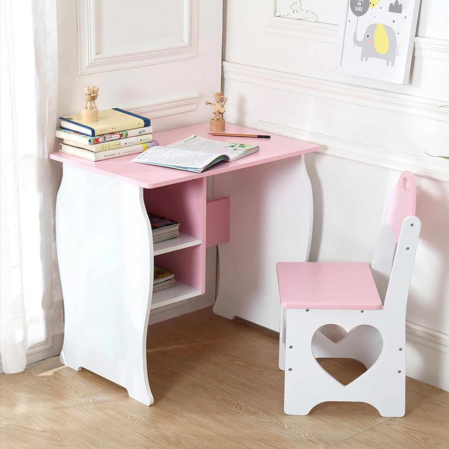 Kids Study Desk and Chair Set with Storage Shelf - Wooden School Table for Homeschooling, Writing & Learning - Perfect for Bedroom, Playroom & Home Classroom (Pink & White)