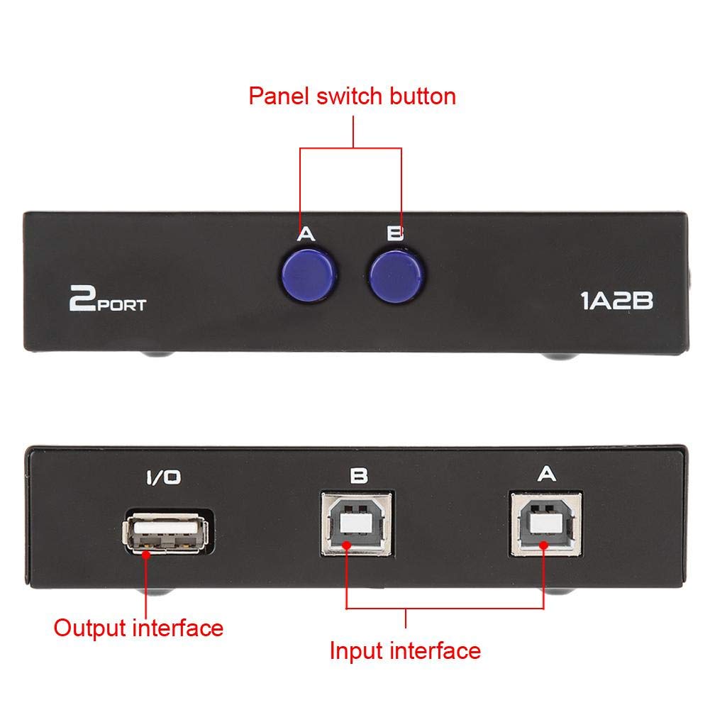 ASHATA 2/4 Port USB 2.0 Sharing Switch Box Hub - Manual USB Switcher Adapter for PC, Computer, Printer, Scanner - Black (2 Port) - Perfect for Home Office & Multi-Device Workstations