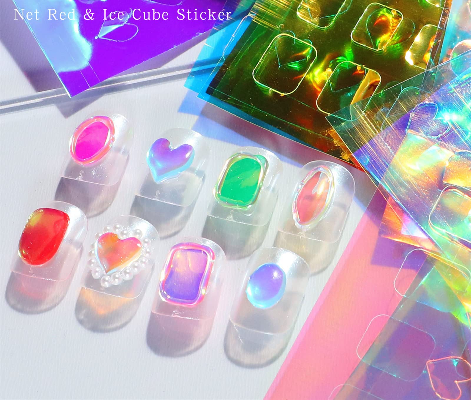 12pcs Aurora Nail Stickers - 3D Holographic Nail Art Decals for Women, DIY Manicure Foils with Ice Laser Heart Design, Trendy Nail Decorations for Parties, Weddings & Special Occasions
