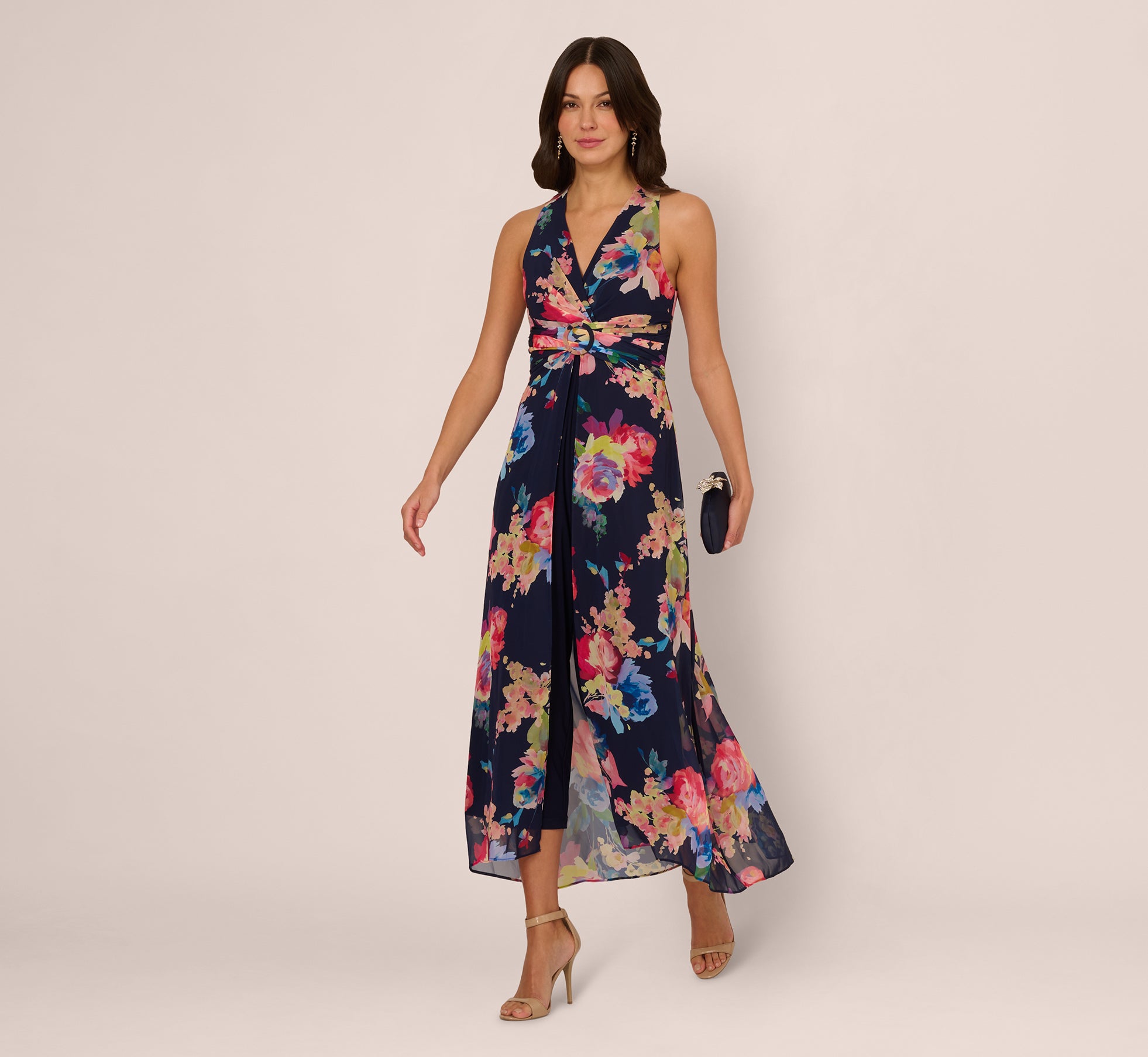 Navy Blue Floral Chiffon Sleeveless Jumpsuit for Women - Summer Beach Party, Wedding Guest Outfit, Casual Wear