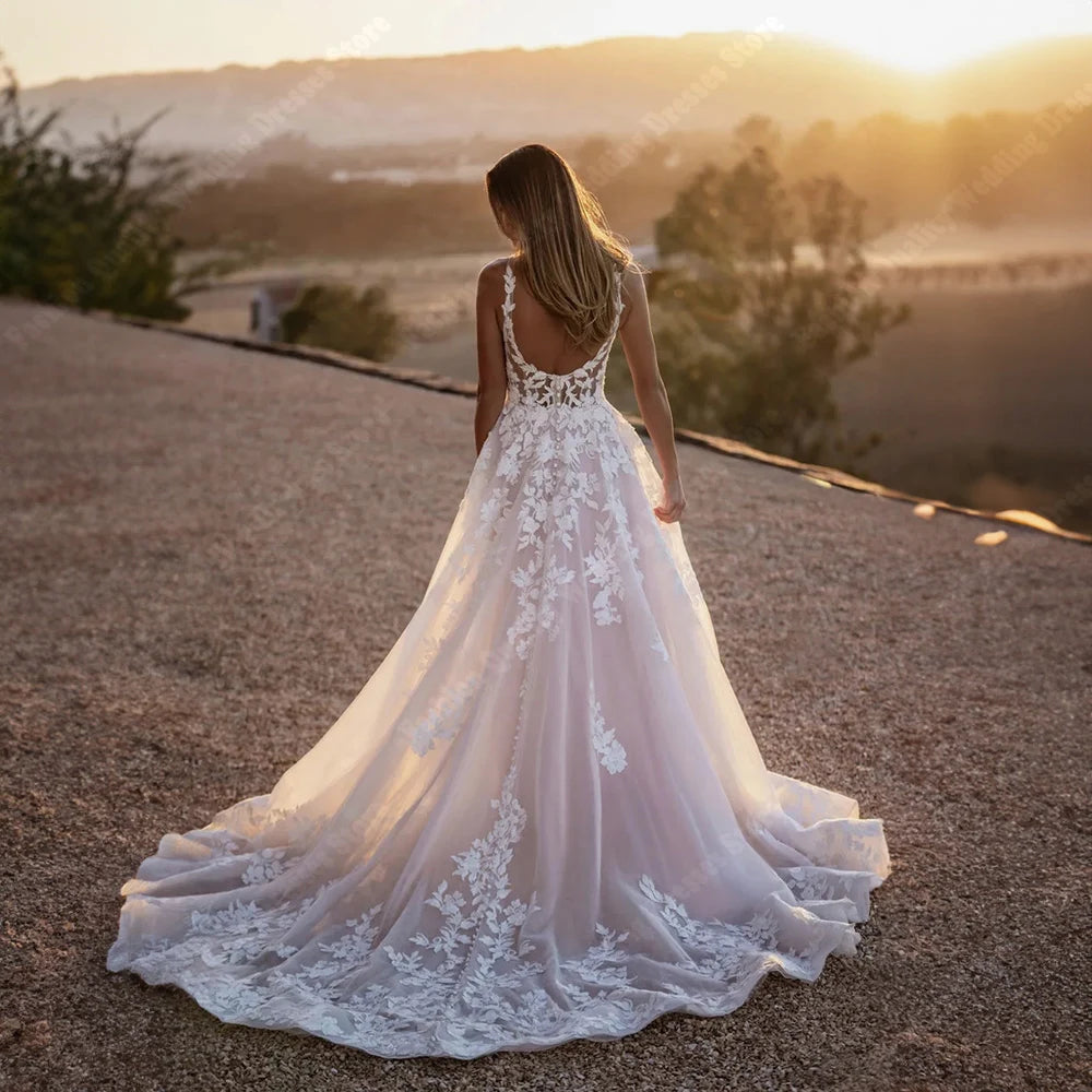 Sparkling Square Neck Sleeveless Tulle Wedding Dress for Women - Elegant Bridal Gown for Beach, Garden & Church Ceremonies