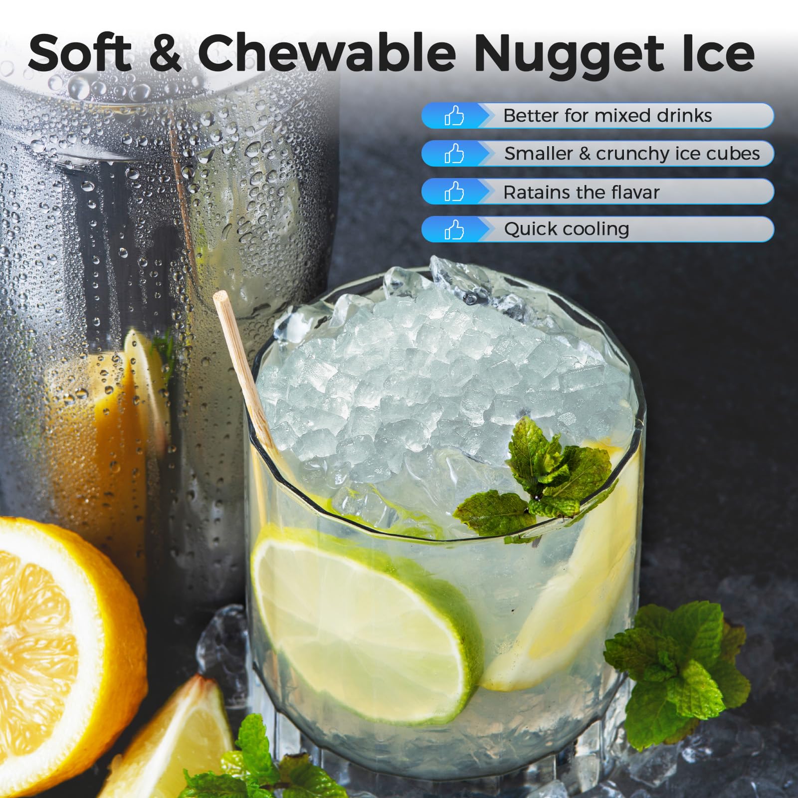 AGLUCKY Countertop Nugget Ice Maker Machine - 35Lbs/24H Portable Pebble Ice Maker with Soft Chewable Ice, One-Click Operation & Self-Cleaning Function, Stainless Steel Black - Perfect for Home Kitchen, Office, Parties & Outdoor Activities