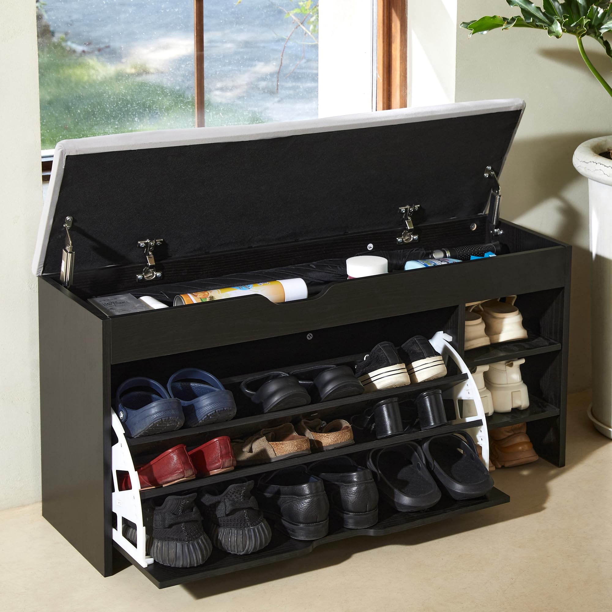 Netstar 3-Tier Shoe Storage Bench with Cushion & Flip Drawer - Lift Top Entryway Organizer for Shoes, Hats & Accessories - Perfect for Hallway, Living Room & Small Space Organization (Black)