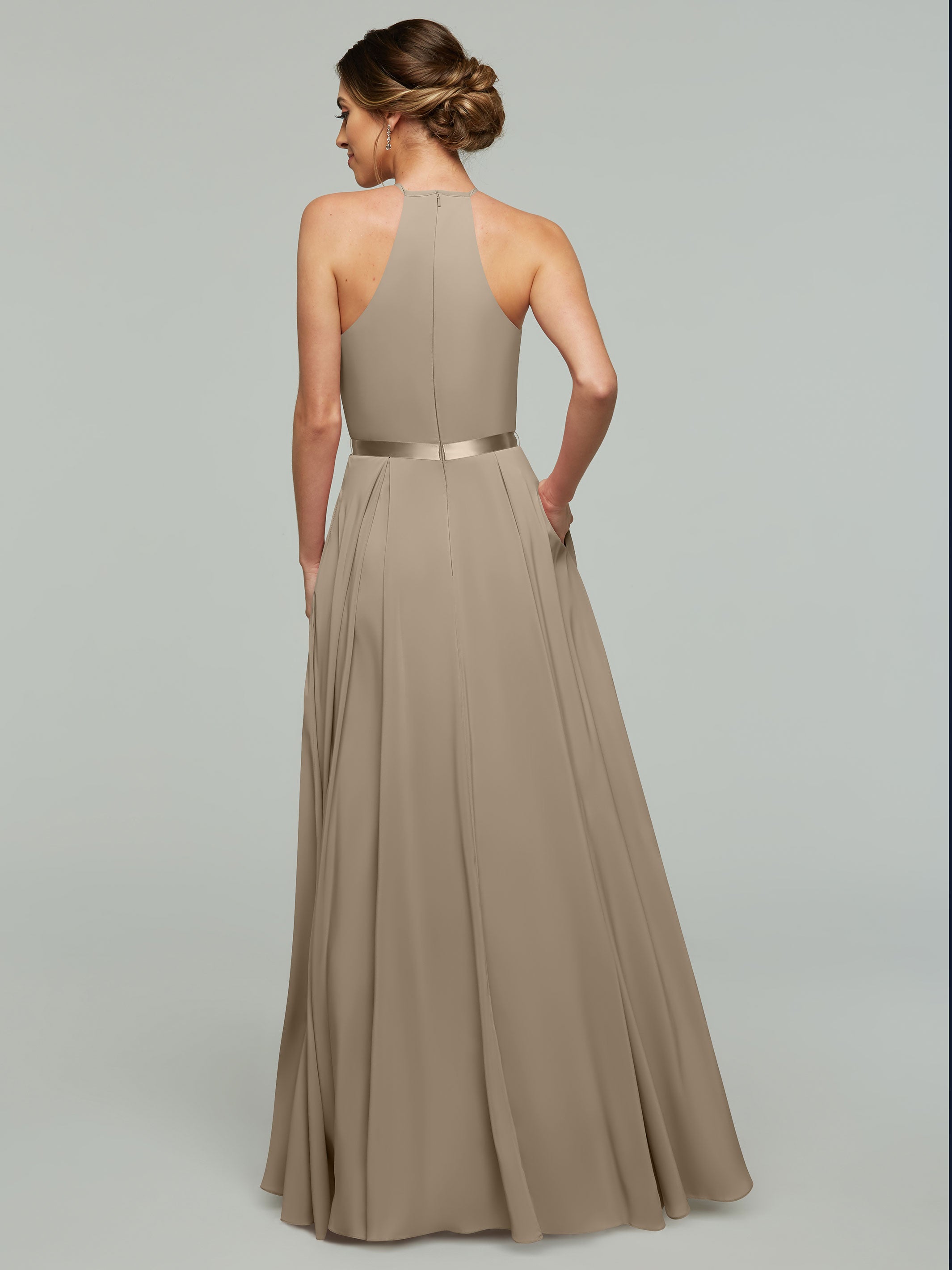 Elegant A-Line Stretch Chiffon Bridesmaid Dress with Halter Neckline & Adjustable Waist Belt - Perfect for Weddings, Formal Events & Special Occasions