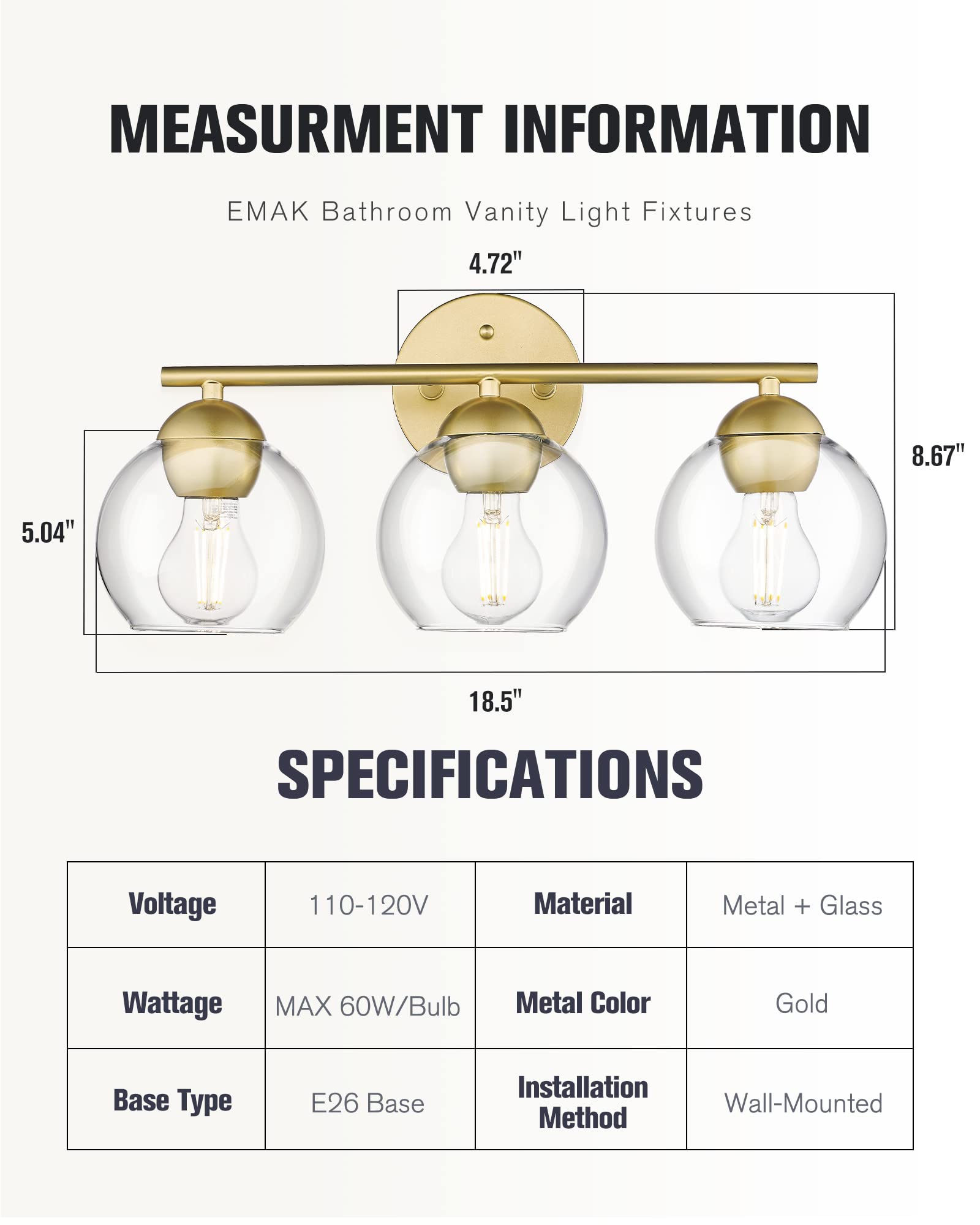 Emak 3-Light Gold Bathroom Vanity Light Fixture with Clear Glass Globes - Modern Mirror Lighting for Bathroom, Powder Room & Dressing Area