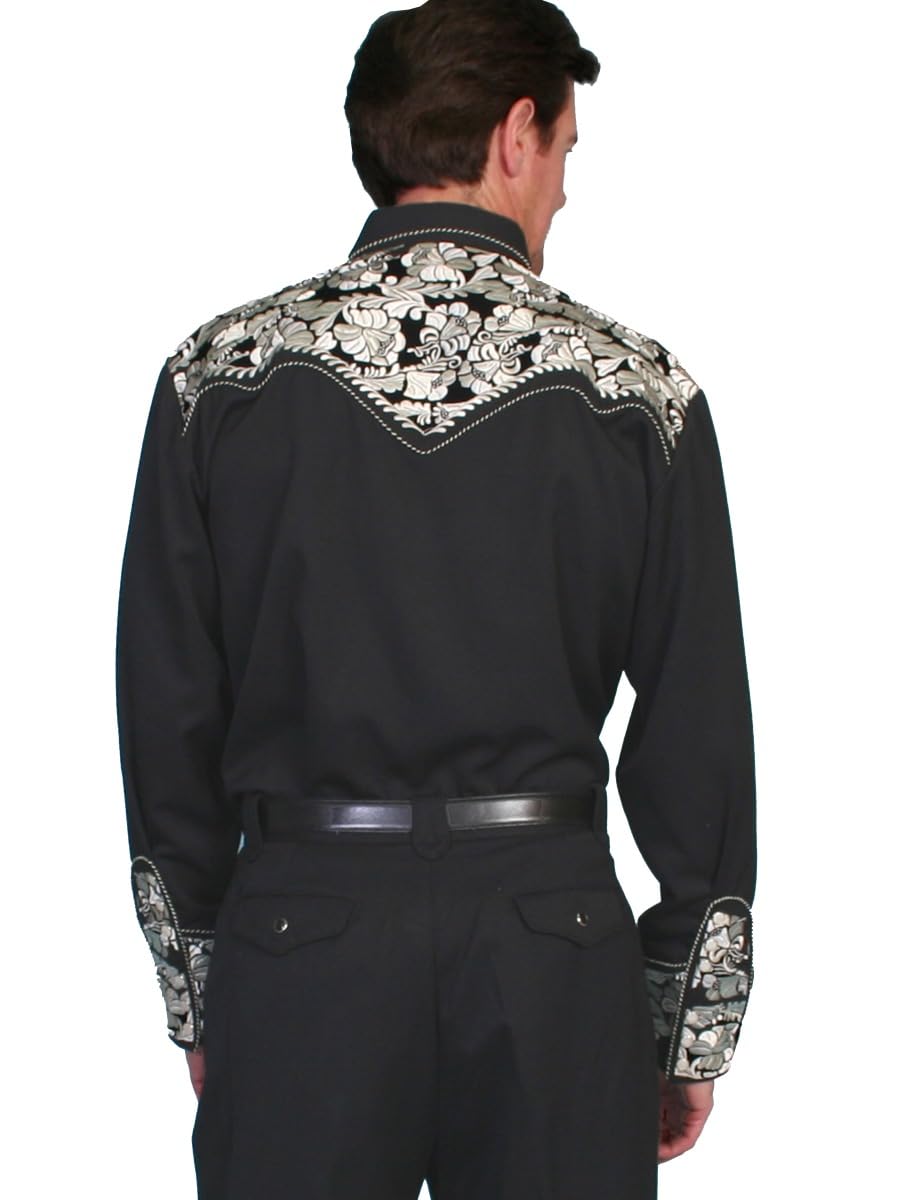 Scully Black Men's Long Sleeve Snap Front Western Embroidered Cowboy Shirt - Vintage Style Workwear for Rodeo, Ranch & Casual Wear (P-634)