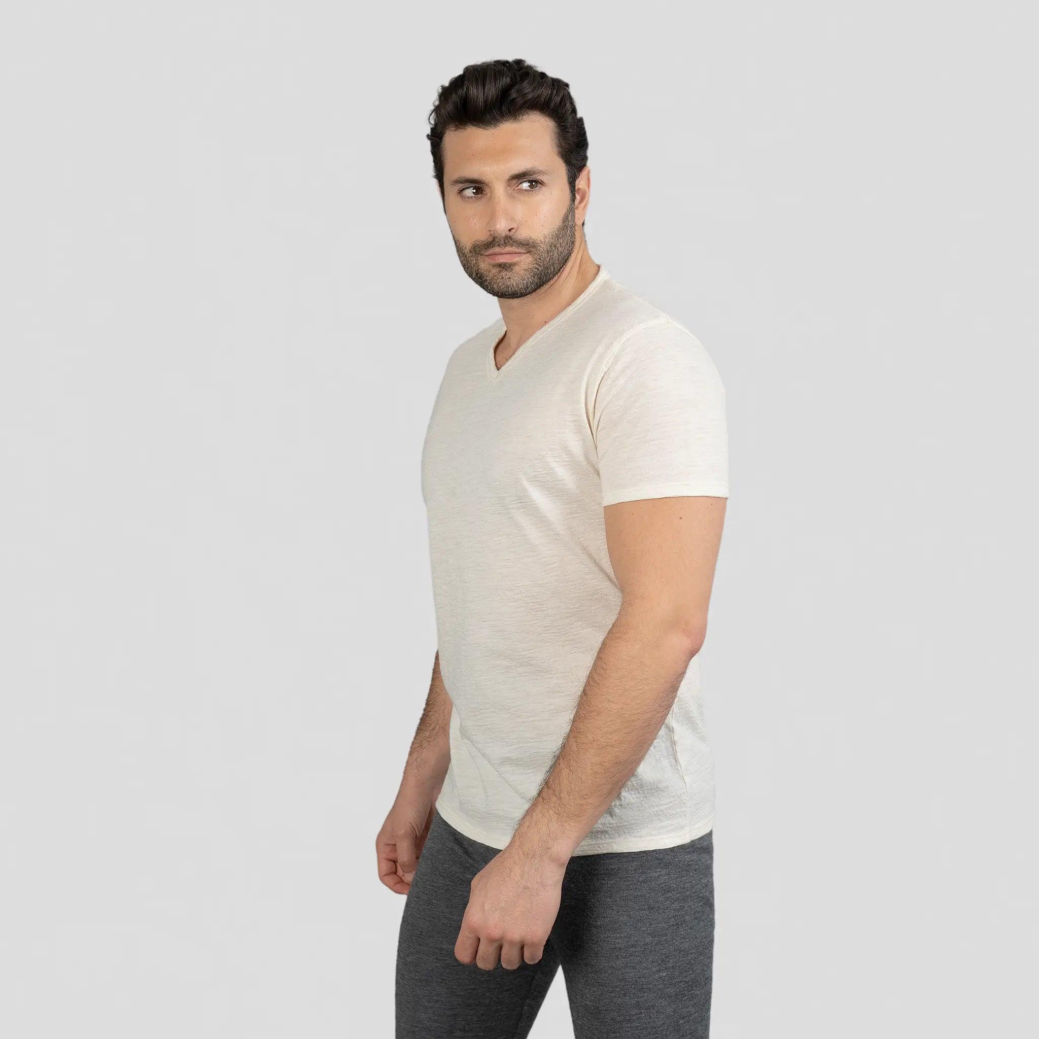 Ultralight Men's Alpaca Wool V-Neck T-Shirt - 160 GSM Soft Breathable Tee for Outdoor Hiking & Casual Wear