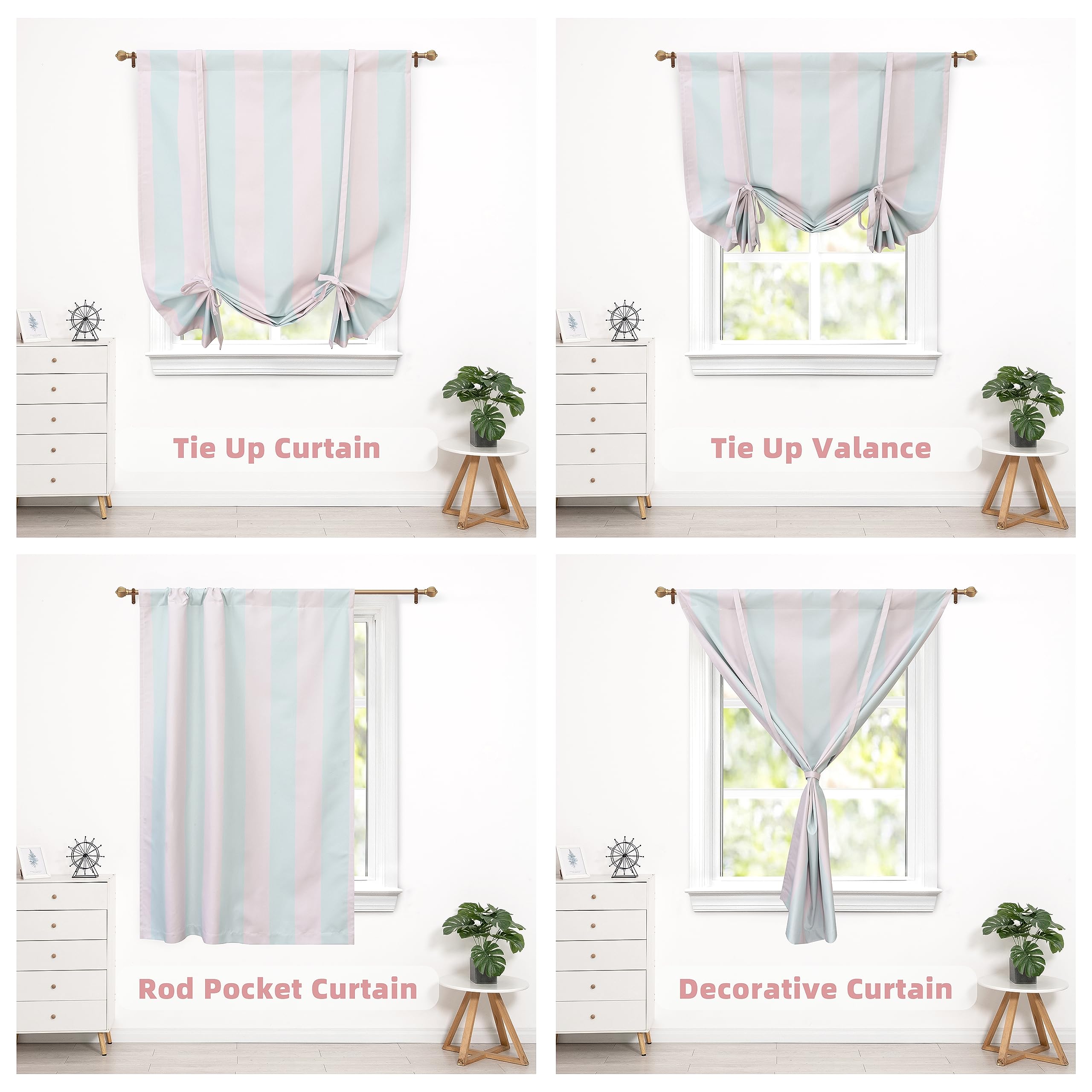 DriftAway Blackout Tie-Up Curtains for Small Windows - 45x63 Inch Thermal Insulated Kitchen Curtain with Stripe Pattern, Adjustable Rod Pocket (Pink & Green) | Perfect for Bedrooms, Living Rooms & Home Decor