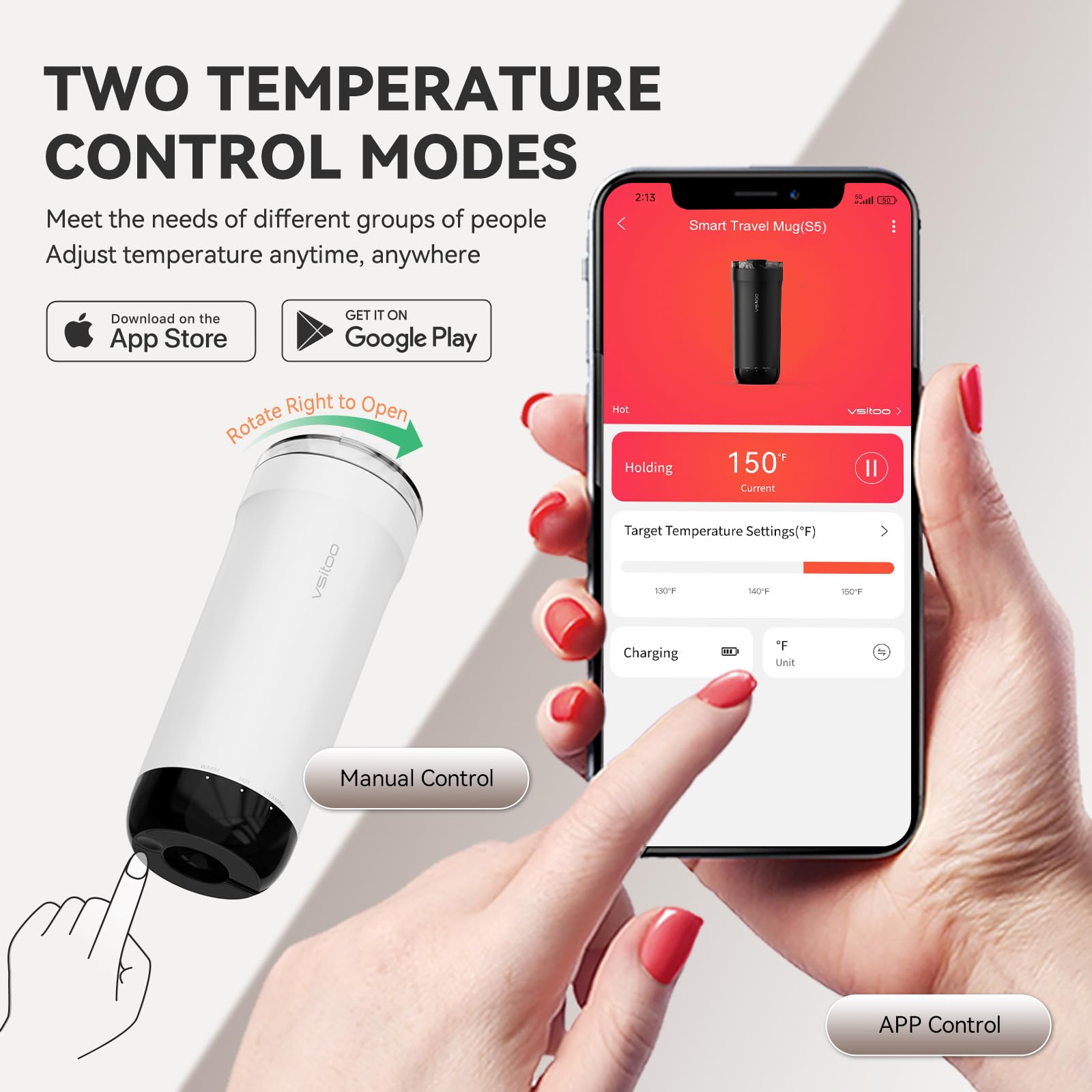 VSITOO Smart Temperature Control Travel Coffee Mug - 15 oz White, APP Controlled Heated Coffee Warmer, Rechargeable & Battery Powered with LED Light - Perfect for Office, Commuting & Outdoor Activities