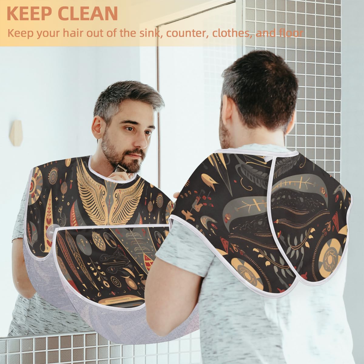 Bohemian Egyptian Pattern Beard Shaving Bib for Men - Waterproof Hair Dye Apron & Makeup Cape for Barbers, Stylists & Artists - Sink Hair Catcher & Beard Trimming Accessory - Perfect for Salon, Home Grooming & DIY Haircuts