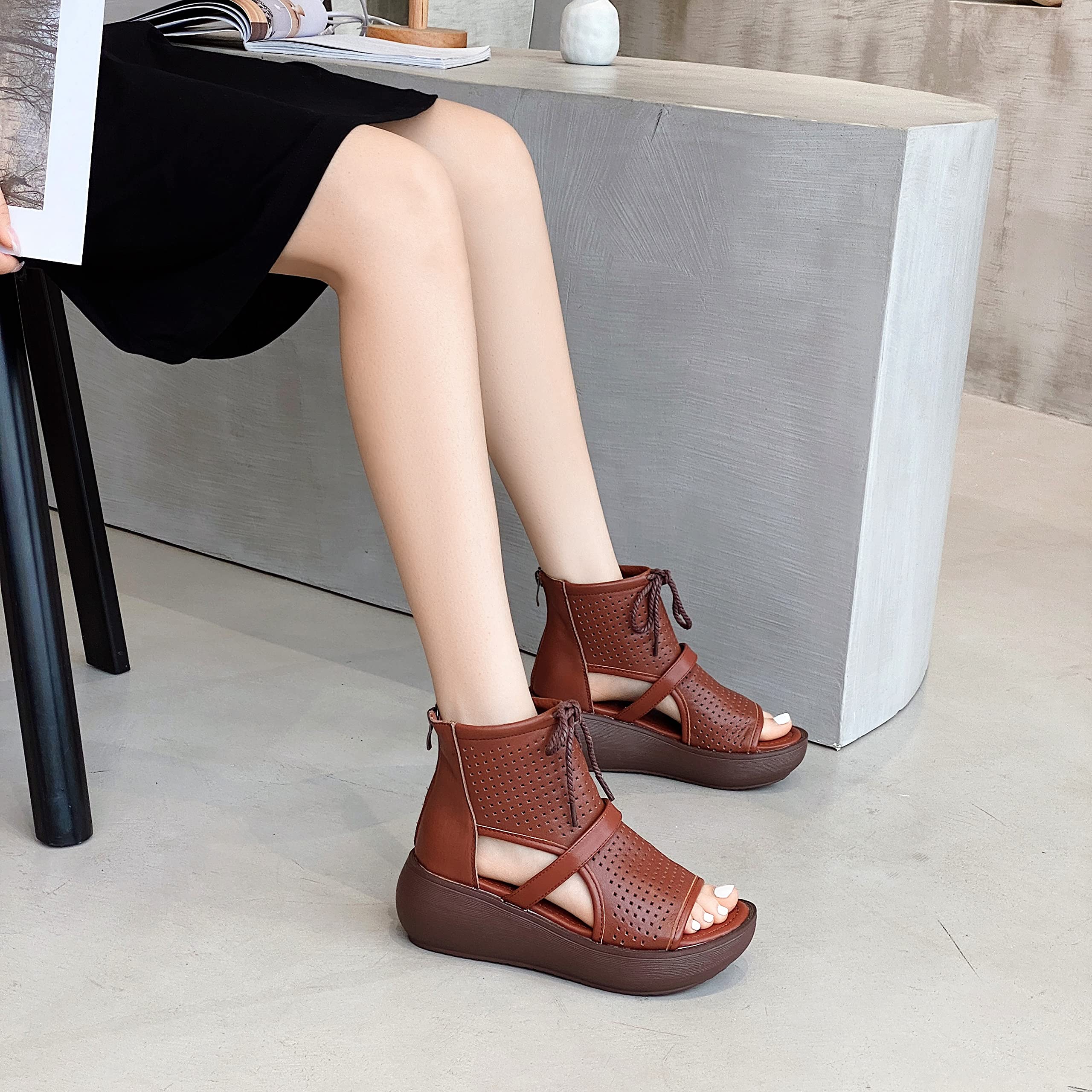 Women's High Top Leather Boot Sandals with Open Toe Cutout Design - Stylish Summer Fashion for Casual Outings, Beach Walks & Outdoor Adventures