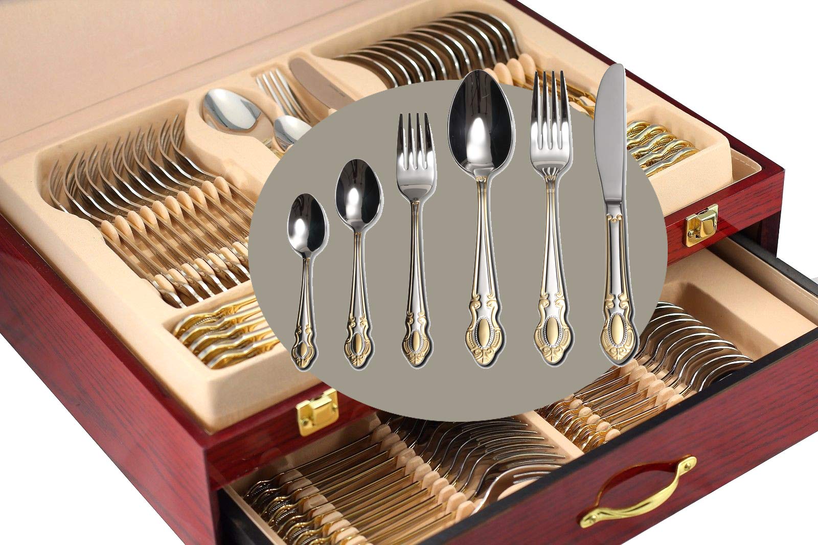 Venezia Collection 75-Piece Gold Flatware Set for 12 - 24Kt Gold Plated 18/10 Surgical Stainless Steel Luxury Silverware Cutlery with Wooden Storage Chest - Perfect for Formal Dining, Wedding Gifts & Hostess Entertaining