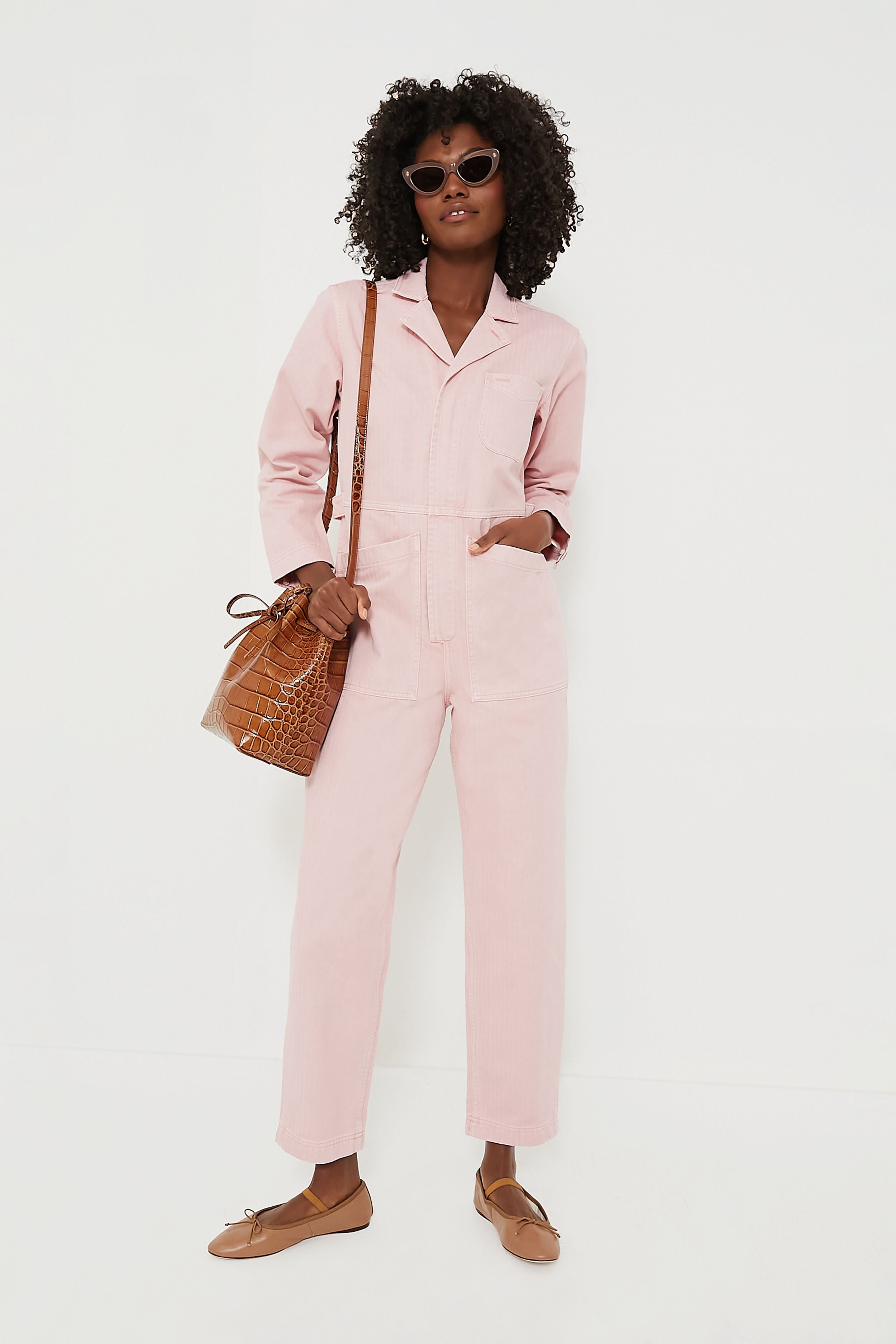 Blush Pink Herringbone Zip-Up Jumpsuit for Women | Casual & Elegant One-Piece Outfit | Perfect for Office, Date Night & Weekend Outings