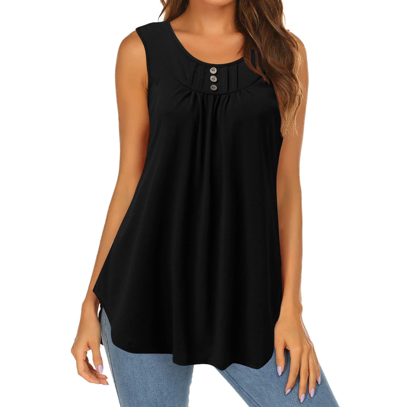 Women's Summer Tops - Ethnic Solid Button-Up Pleated Tank Tops | Sleeveless Crew Neck Tunic Shirts | Trendy Casual Wear for Beach, Vacation & Everyday Outfits