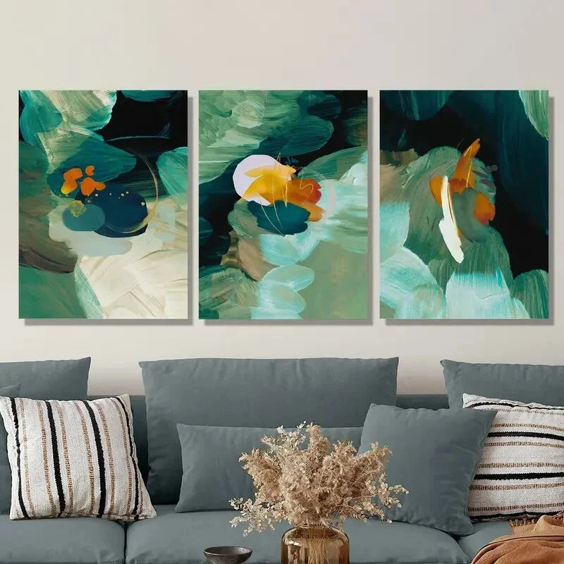 3-Piece Abstract Green Metal Wall Art Prints - Ready to Hang Modern Home Decor for Living Room, Bedroom & Office