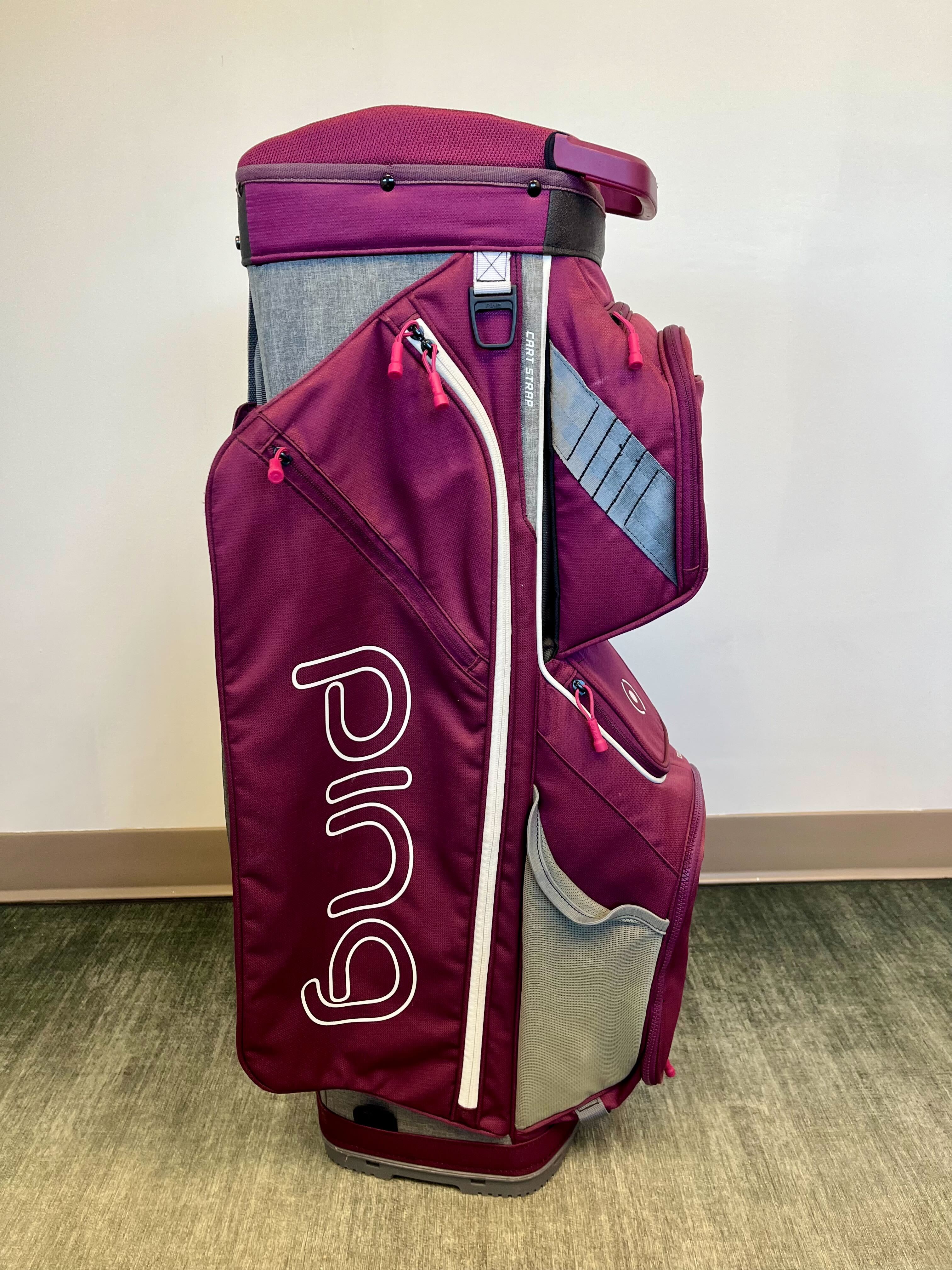 Premium Ping Traverse Golf Cart Bag - 14-Way Divider, 9 Pockets, Adjustable Strap & Rain Cover - Purple - Perfect for Golf Tournaments & Club Storage