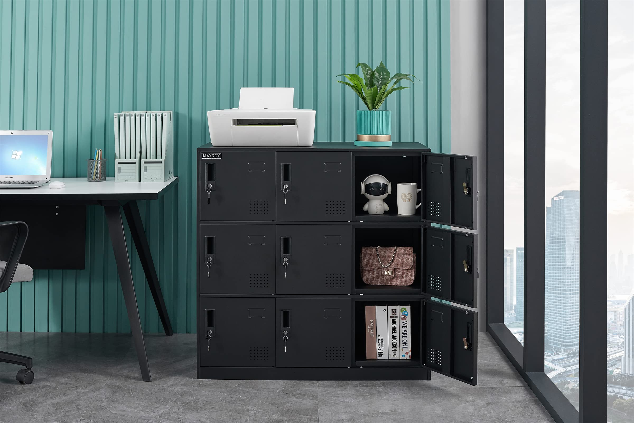 9-Door Metal Storage Locker Cabinet with Lock - Secure Office, Home & School Organizer for Classroom, Gym, Kids Room & Playroom - Durable Black Storage Solution for Sports Equipment, Toys & School Supplies