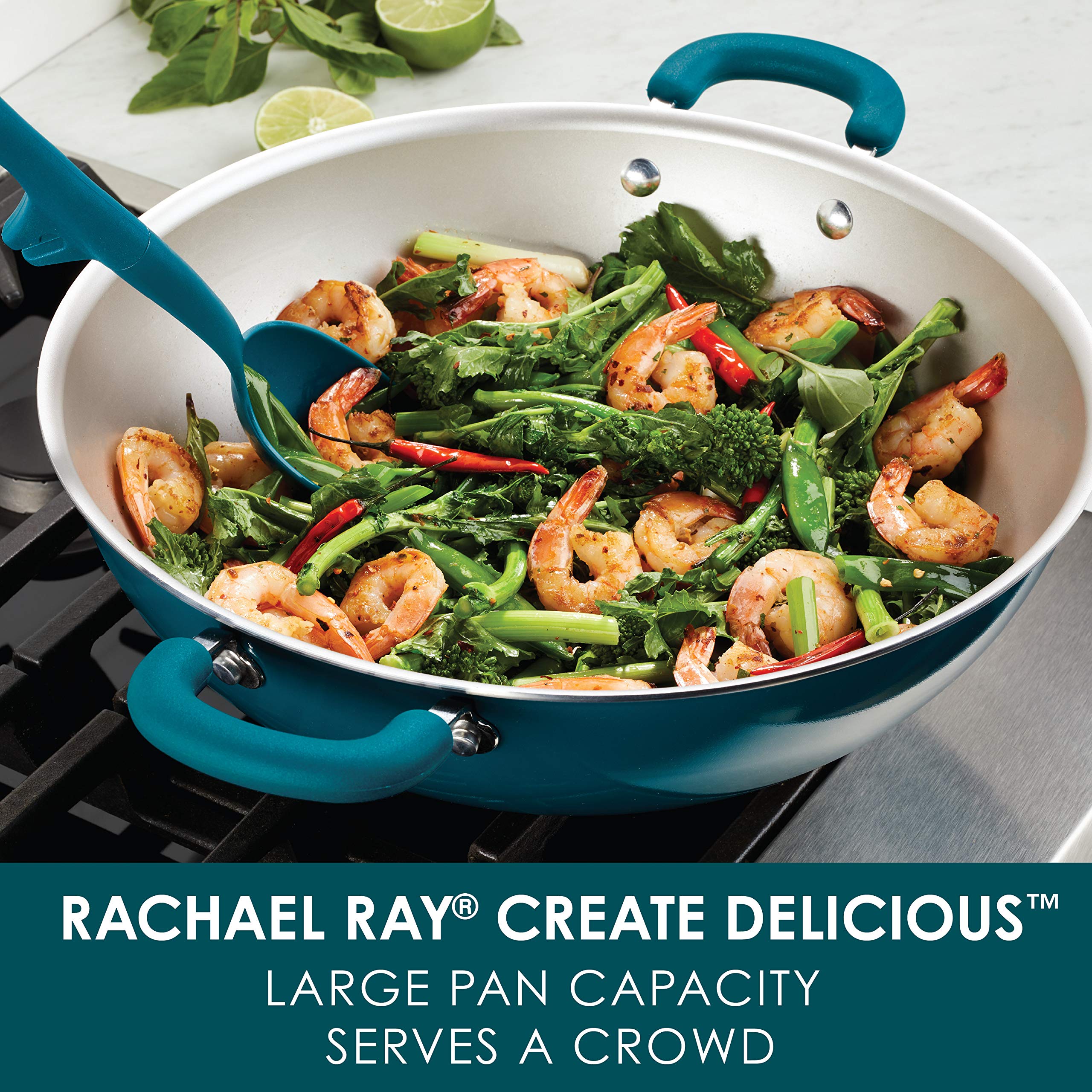 Rachael Ray Nonstick Stir Fry Pan - 14.25 Inch Wok with Glass Lid, Teal Blue Shimmer - Perfect for Asian Cooking, Sautéing & Healthy Meals - Oven & Dishwasher Safe