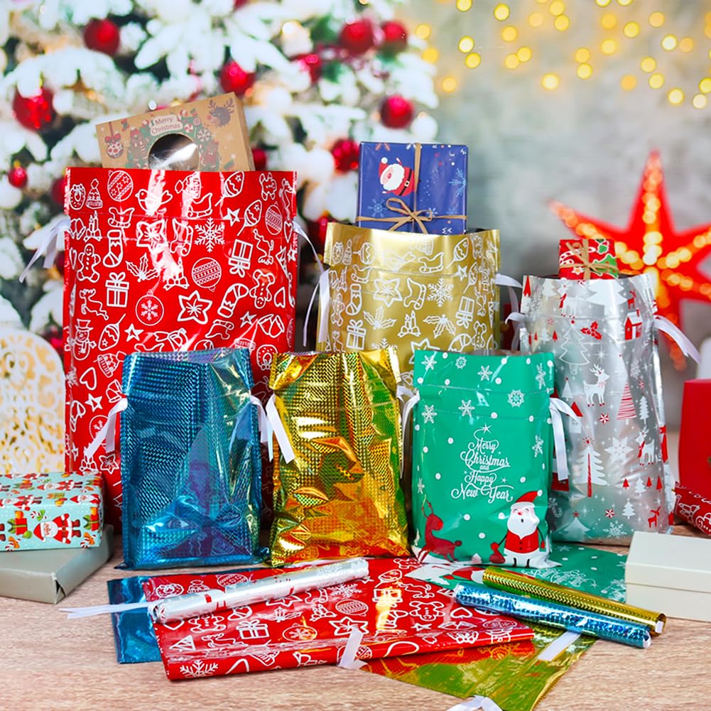 HRX 30-Piece Foil Drawstring Christmas Gift Bags Set - Assorted Sizes for Holiday Presents & Party Favors | Festive Xmas Wrapping Pouches for Gifts, Stocking Stuffers & Secret Santa Exchanges