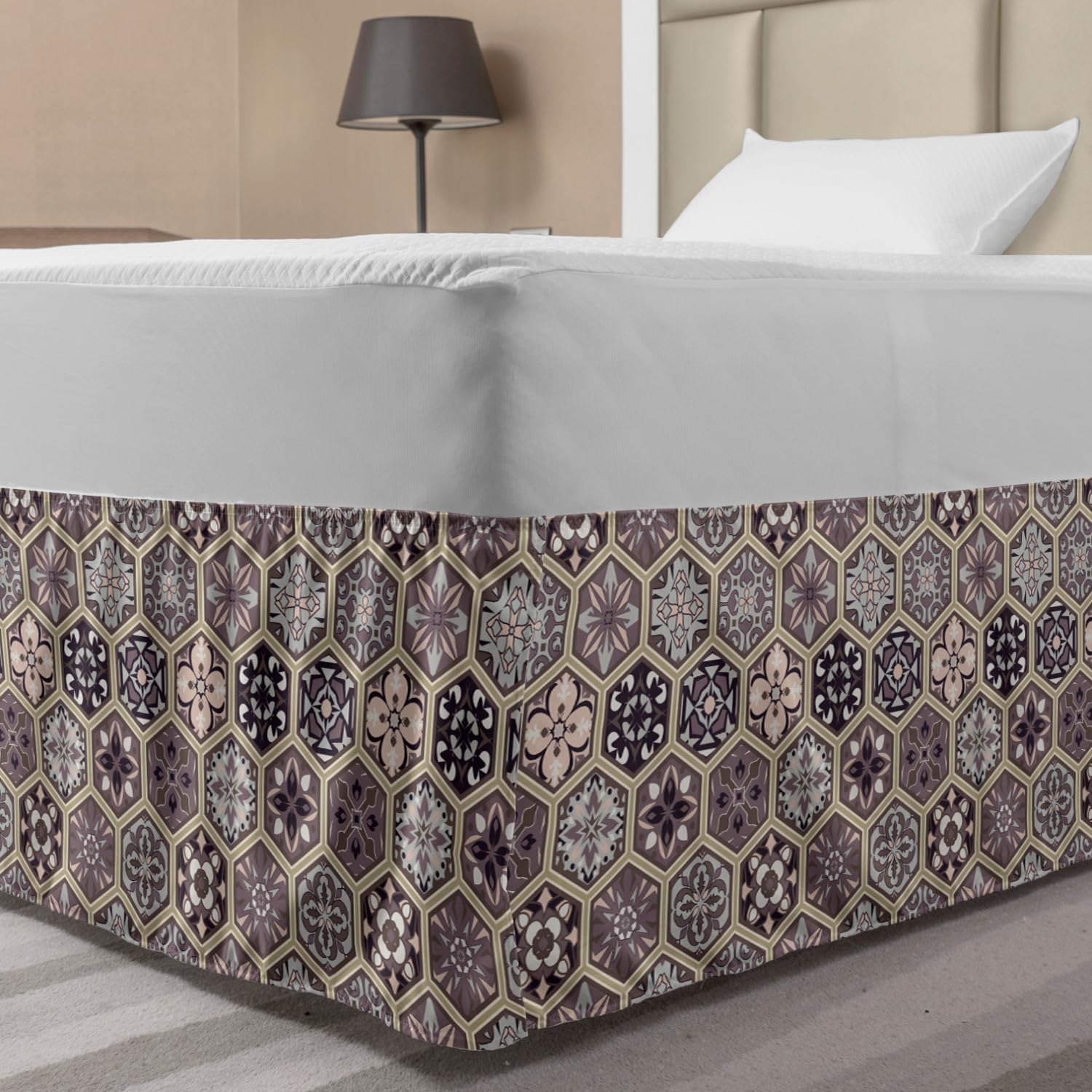 Ambesonne Antique Oriental Elastic Bed Skirt - Floral Honeycomb Pattern Wrap Around Dust Ruffle for Full Size Beds in Pale Tan/Dark Taupe/Grey | Perfect for Bedroom Decor, Guest Rooms & Vintage Style Home Interiors