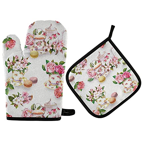 Summer Floral Oven Mitts and Pot Holders Set - 2PCS Heat Resistant Baking Gloves with Soft Cotton Lining & Non-Slip Grip - Perfect for Kitchen Cooking, Baking, BBQ, and Tea Time