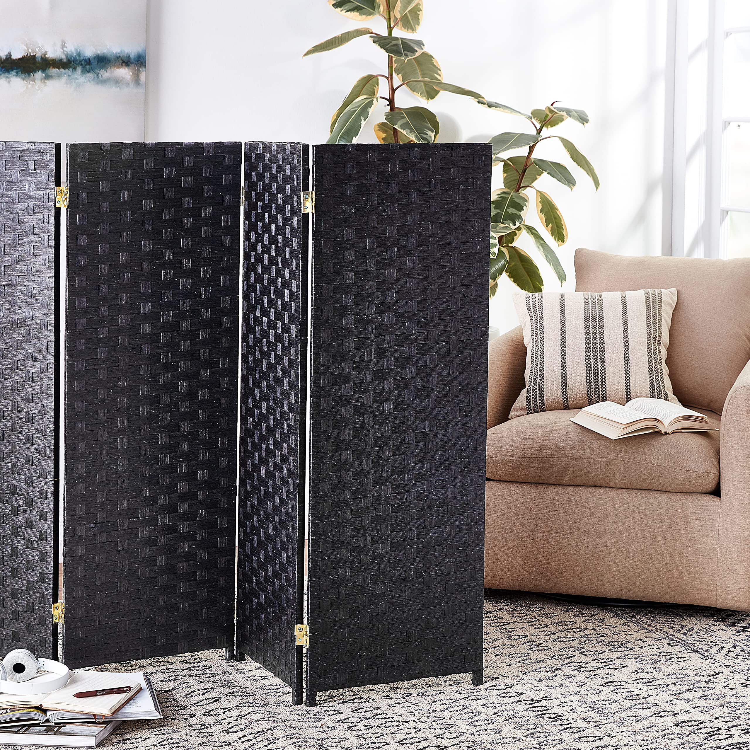 4 ft. Short Woven Fiber Folding Room Divider Screen - Black - 4 Panel Privacy Partition for Home, Office, or Studio Decor