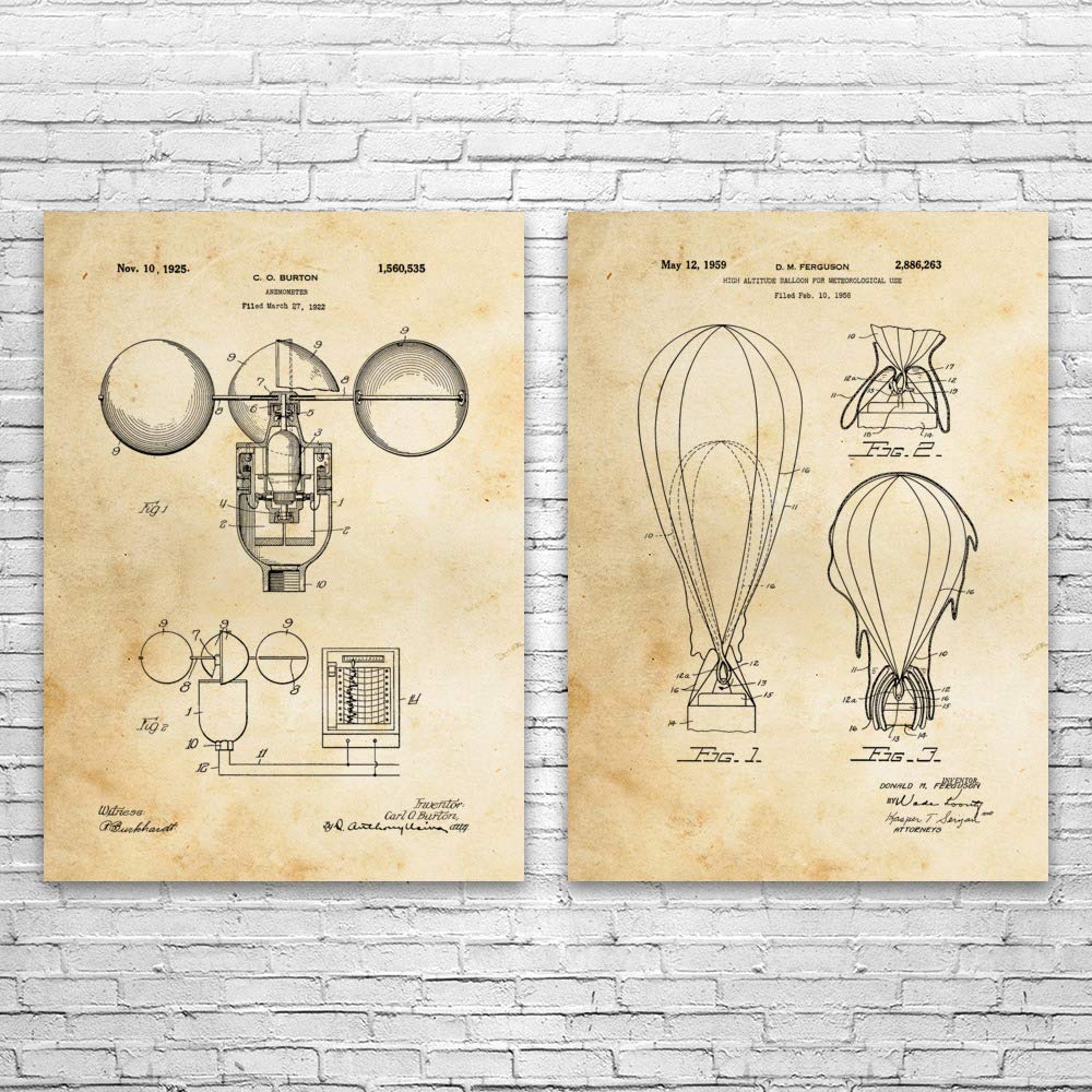 Vintage Meteorology Patent Prints Set of 2 - 16x20 Inch Weather Science Art for Classroom Decor, Meteorologist Gift & Weatherman Present - Perfect for Home Office, Science Lab or Educational Wall Decor