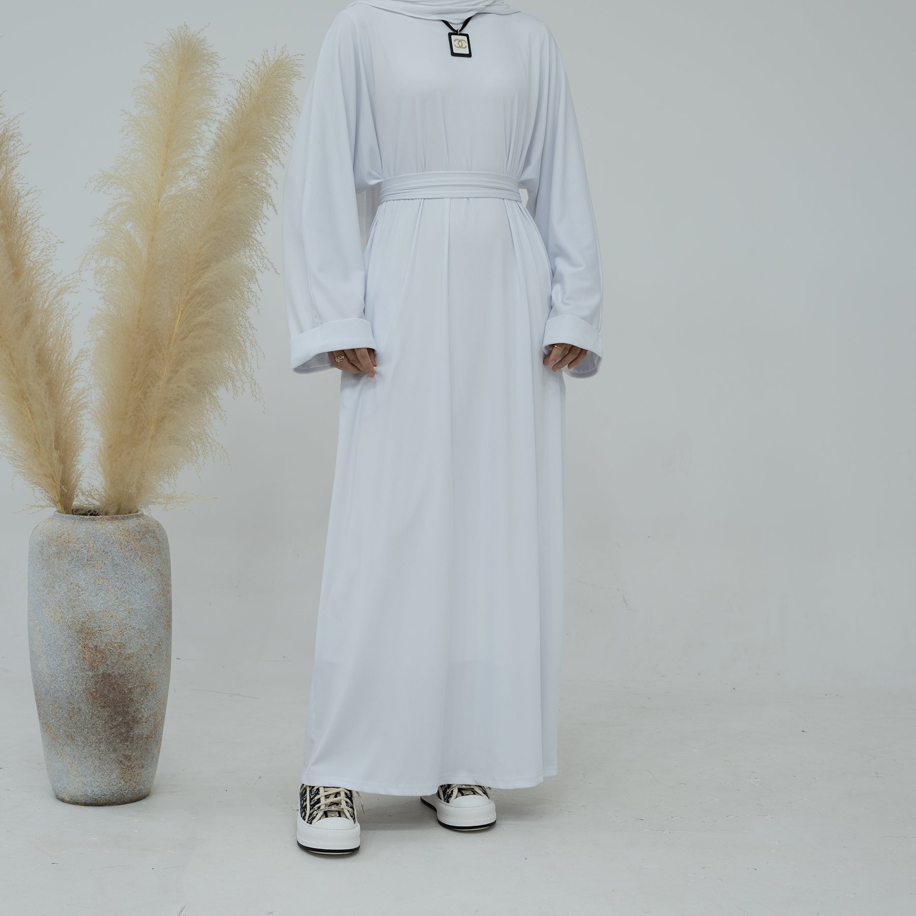 Women's Long Sleeve Folded Cuff Sweaterdress - Soft Knit Winter Dress in White | Perfect for Office Wear, Holiday Parties & Casual Outings