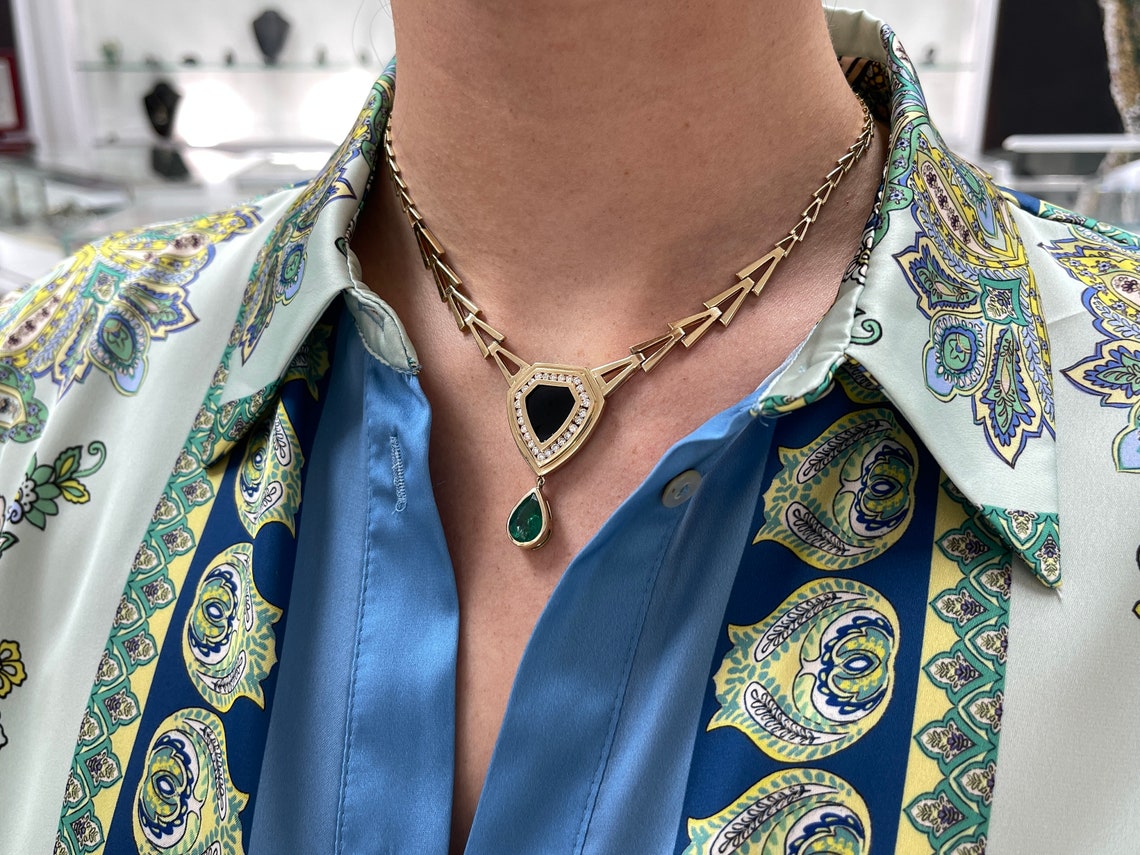 8.04tcw Solid 14K Yellow Gold Natural Dark Green Emerald Diamond & Onyx Necklace - Elegant Jewelry for Women, Perfect for Weddings, Anniversaries & Special Occasions
