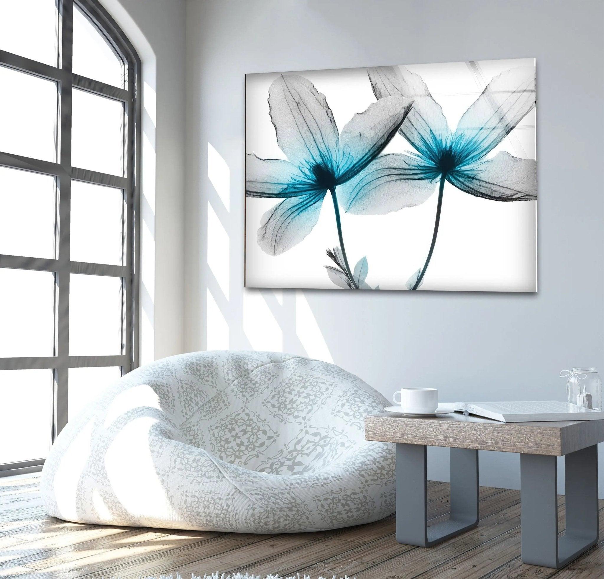 Albert Koetsier Blue X-Ray Flower Glass Wall Art - Modern Home Decor for Living Room, Bedroom & Office - Unique Handmade Glass Artwork