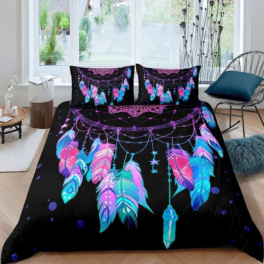 Boho Dreamcatcher Queen Comforter Set - 3 Piece Mandala Duvet Cover with Blue Feather Print, King/Twin/Full/Double Size Bed in a Bag | Perfect for Bohemian Bedroom Decor & Guest Room Styling