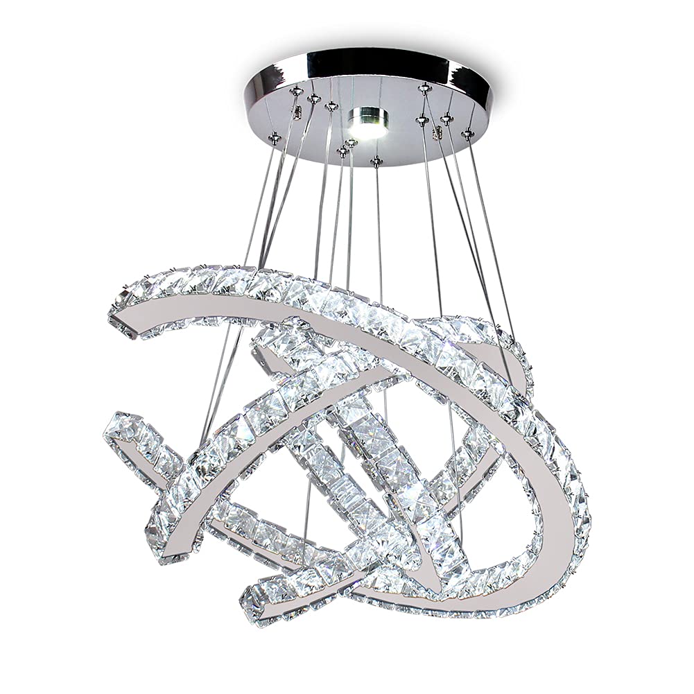 Modern 3-Ring LED Crystal Chandelier - Stainless Steel Ceiling Light Fixture with DIY Crystal Pendant for Bedroom, Dining & Living Room | Cool White Lighting for Elegant Home Decor & Romantic Ambiance
