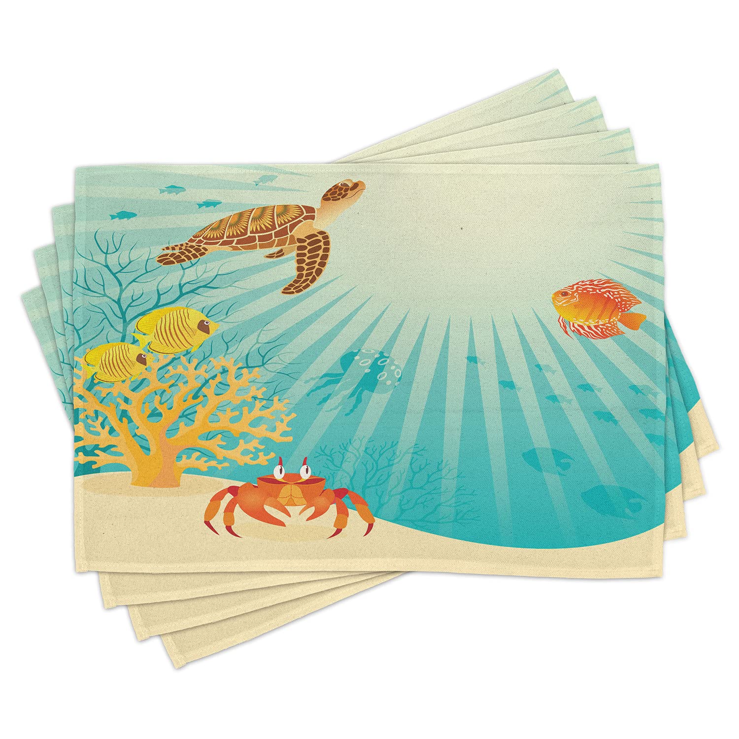Ambesonne 4-Pack Marine Themed Place Mats - Tropical Fish, Crab, Sea Turtle & Ocean Sun Design, Washable Fabric Table Mats for Dining Room & Kitchen Decor, Multicolor - Perfect for Beach Parties, Summer BBQs & Coastal Home Styling