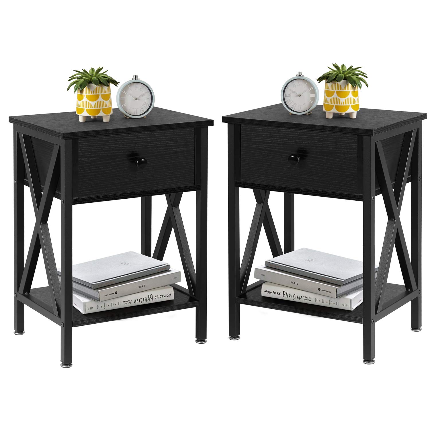 VECELO Modern Nightstand Set of 2 - X-Design Side Table with Storage Shelf & Bin Drawer for Bedroom, Living Room - Versatile End Table for Small Spaces (Black) | Perfect for Apartment, Dorm, Guest Room