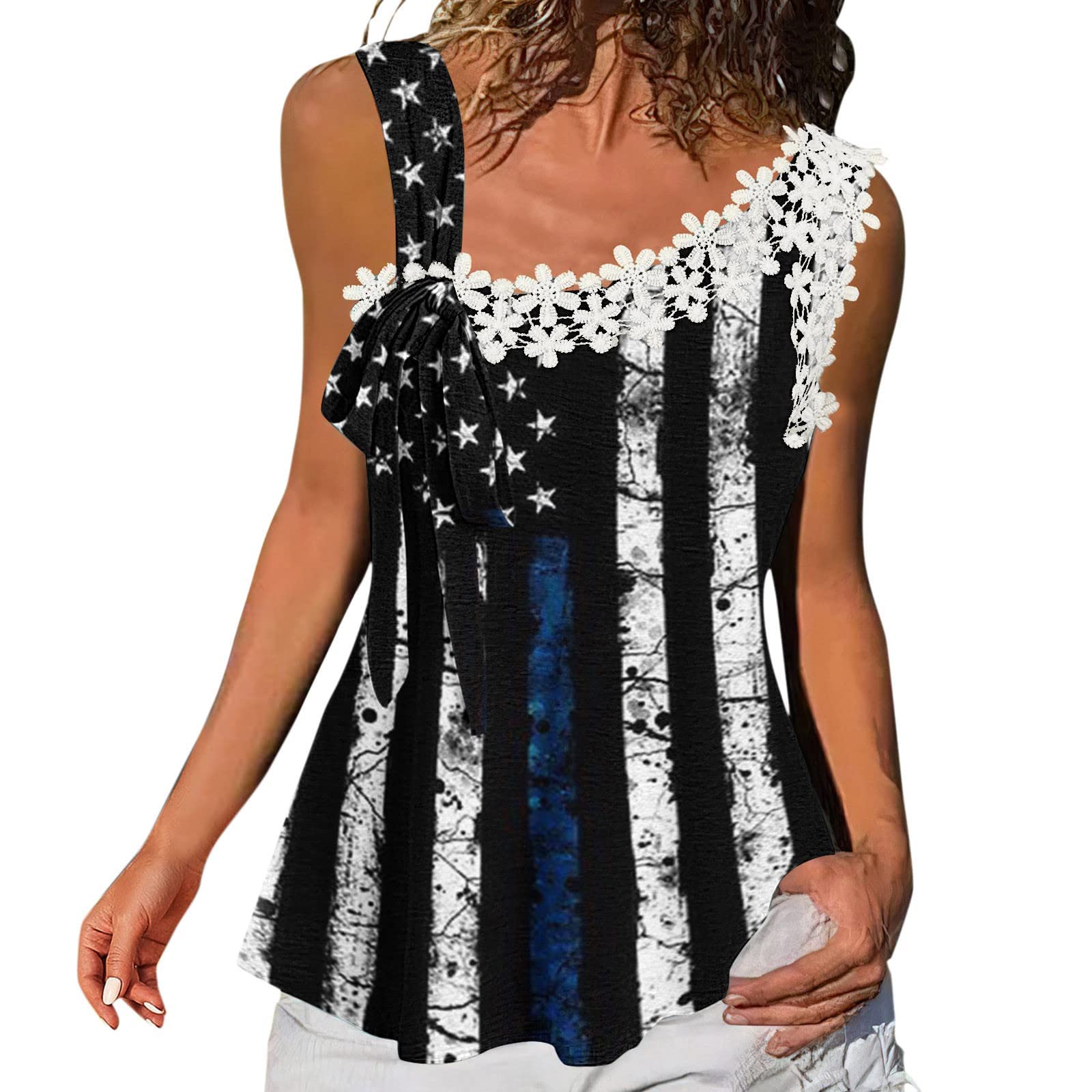 Women's 4th of July Tank Tops - American Flag Print Lace Trim Sleeveless Shirts for Independence Day & Summer | Patriotic Outfits for BBQ, Beach & Festivals
