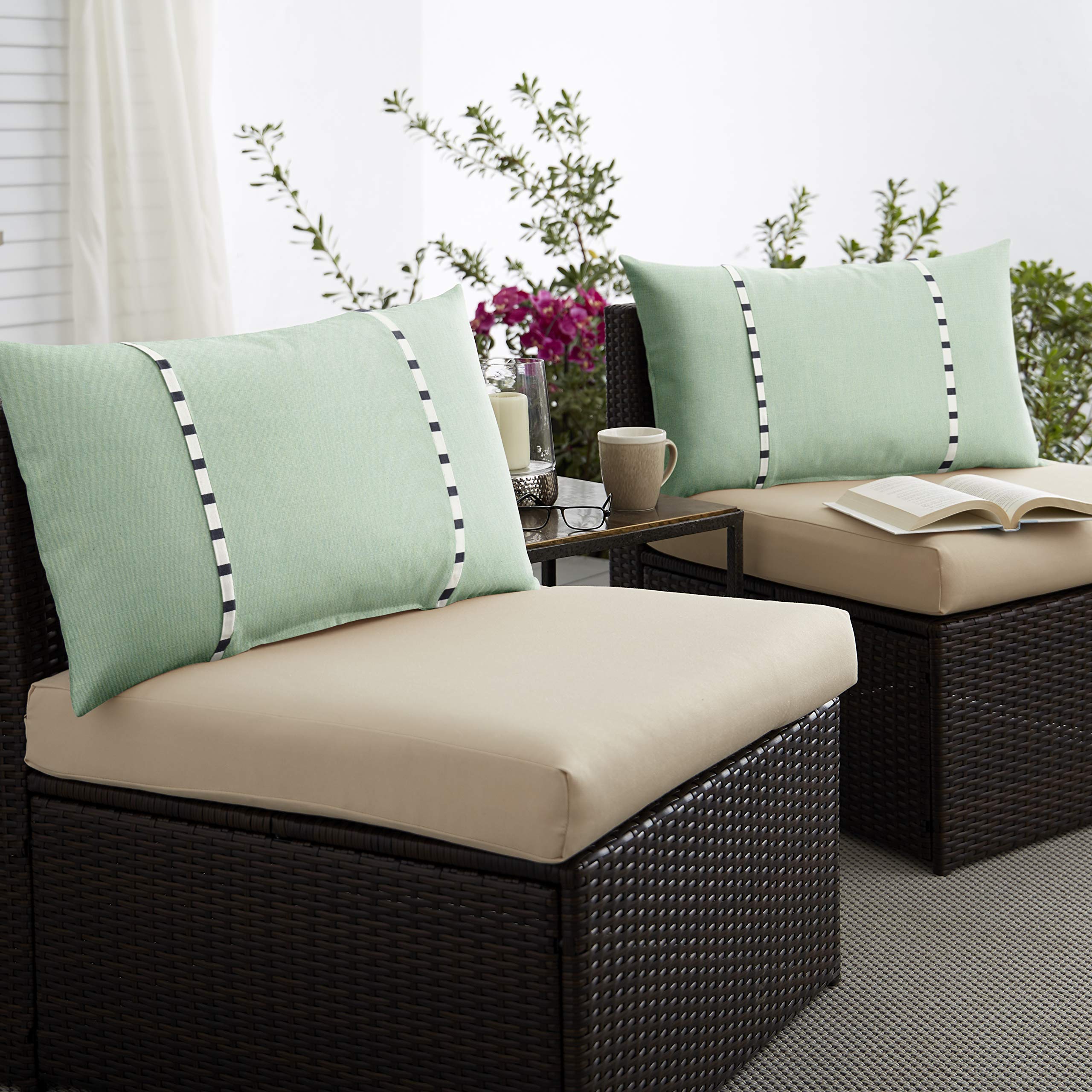 Sorra Home x Sunbrella - 2 Pack Lumbar Pillows, Canvas Spa Green/Blue & Lido Stripes - Perfect for Sofa, Bed, or Outdoor Patio Decor