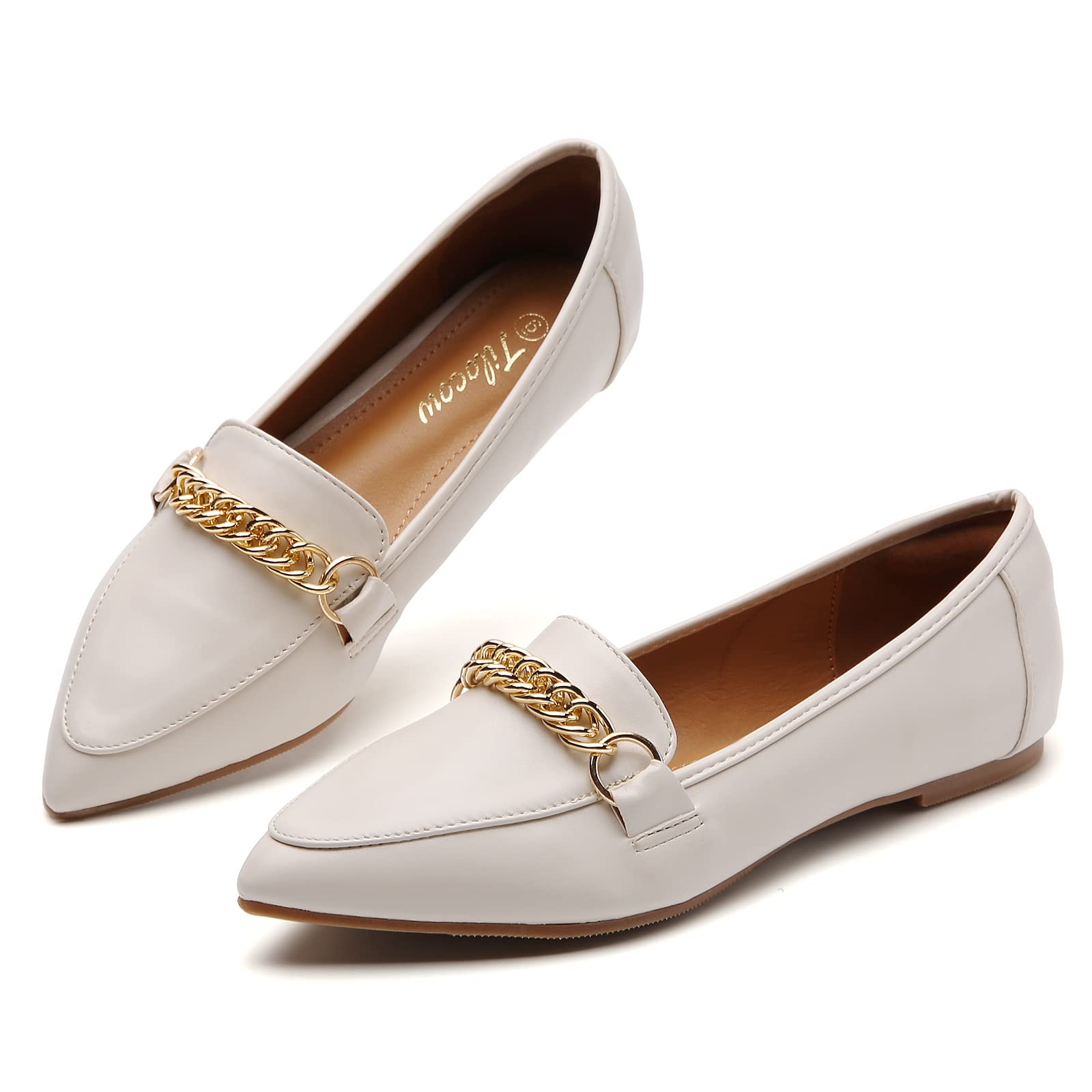Tilocow Women's Pointed Toe Chain Link Loafers - Slip On Ballet Flats Comfortable Smoking Shoes for Work, Office & Casual Wear