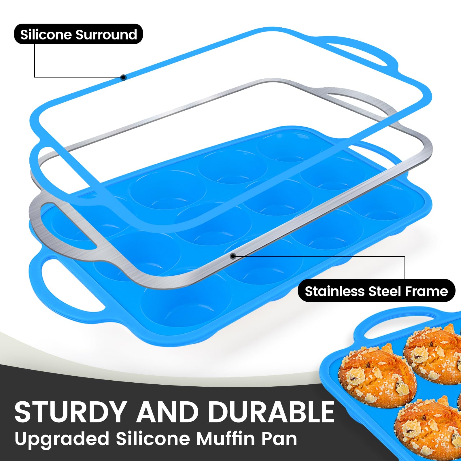 1Pack 12-Cup Silicone Muffin Pan with Metal Reinforced Frame - BPA Free, Oven & Dishwasher Safe Cupcake Baking Tray - Perfect for Home Baking, Party Desserts & Meal Prep (Blue)