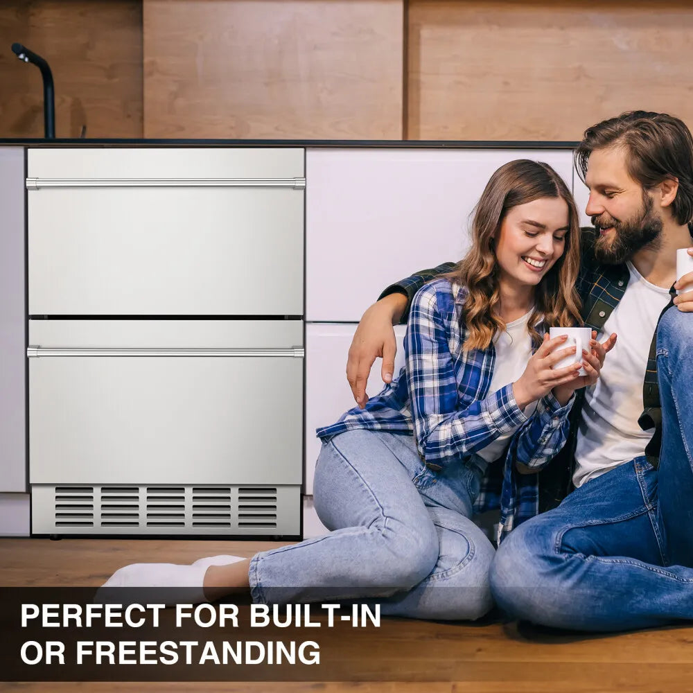 Premium 5.3 Cu.Ft. Stainless Steel Built-In Undercounter Wine Beverage Refrigerator with Double Drawers - SAK92576 - Perfect for Home Bars, Restaurants, and Entertaining Spaces