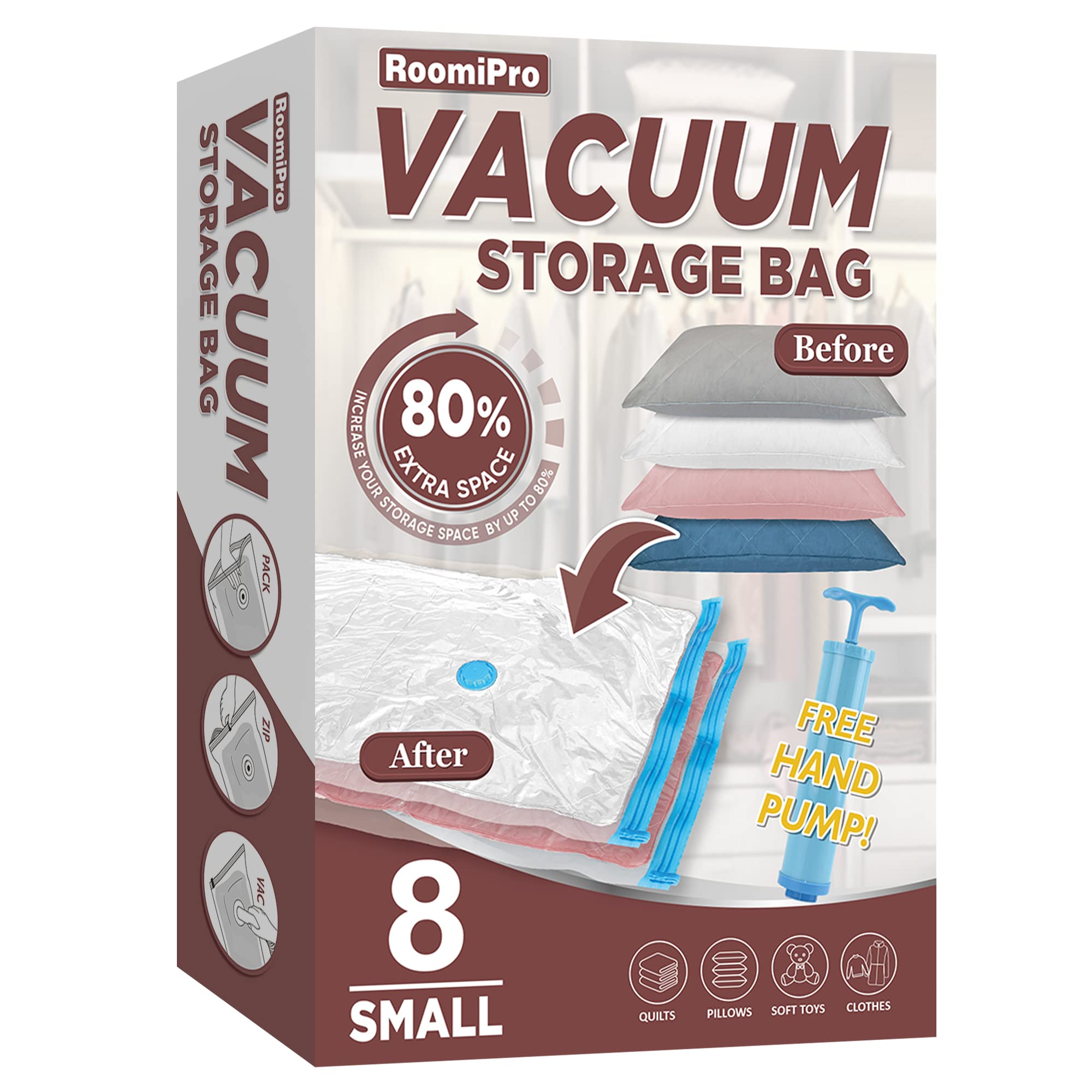8 Small Vacuum Storage Bags with Hand Pump - Space Saving Vacuum Sealed Bags for Clothes, Comforters, Blankets & Bedding | Perfect for Seasonal Storage, Travel & Home Organization