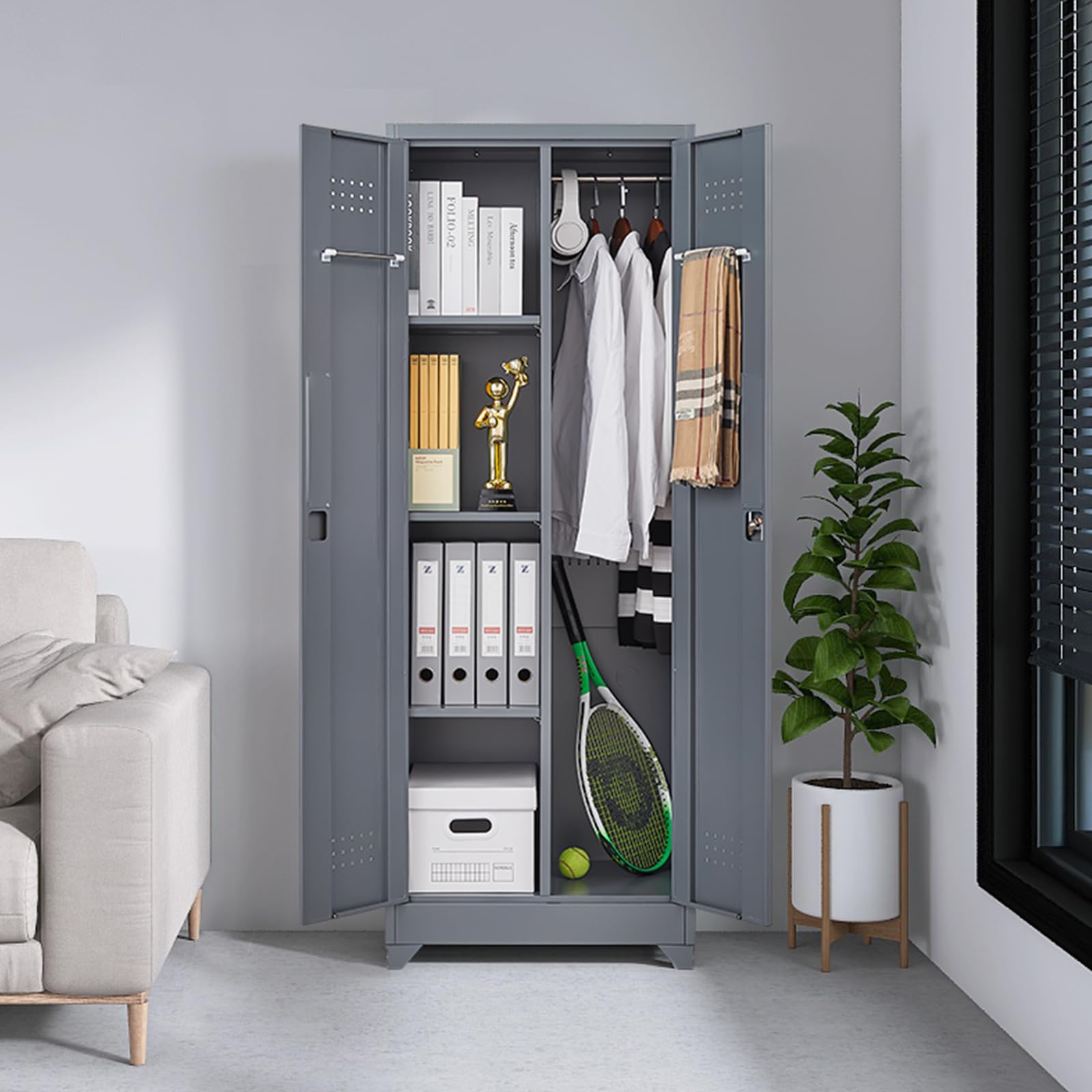 GREATMEET 65 Inch Broom Storage Cabinet with Hanging Rod - Metal Cleaning Supply Organizer for Garage, Utility Room & Laundry - Space Saving Grey Mop Holder for Brooms, Dustpans & Cleaning Tools
