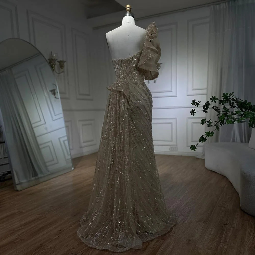 Elegant One Shoulder Nude Mermaid Evening Dress with Beaded Overskirt - Women's Formal Gown for Weddings, Prom & Special Occasions | Serene Hill LA72389
