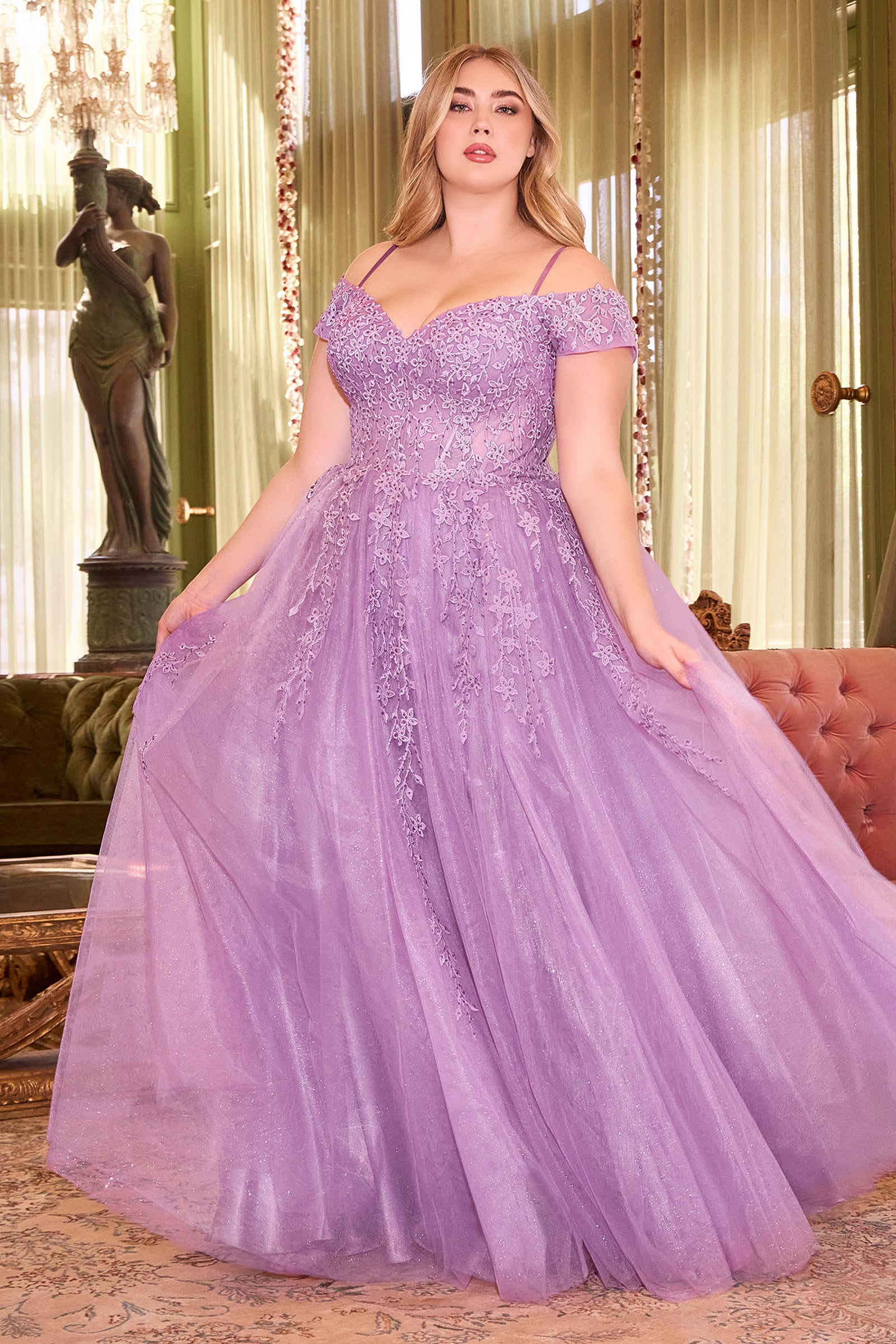 Cinderella Divine C154C Ladivine Layered Tulle & Lace Off Shoulder Ball Gown - Elegant Prom Dress for Formal Events, Weddings & Special Occasions
