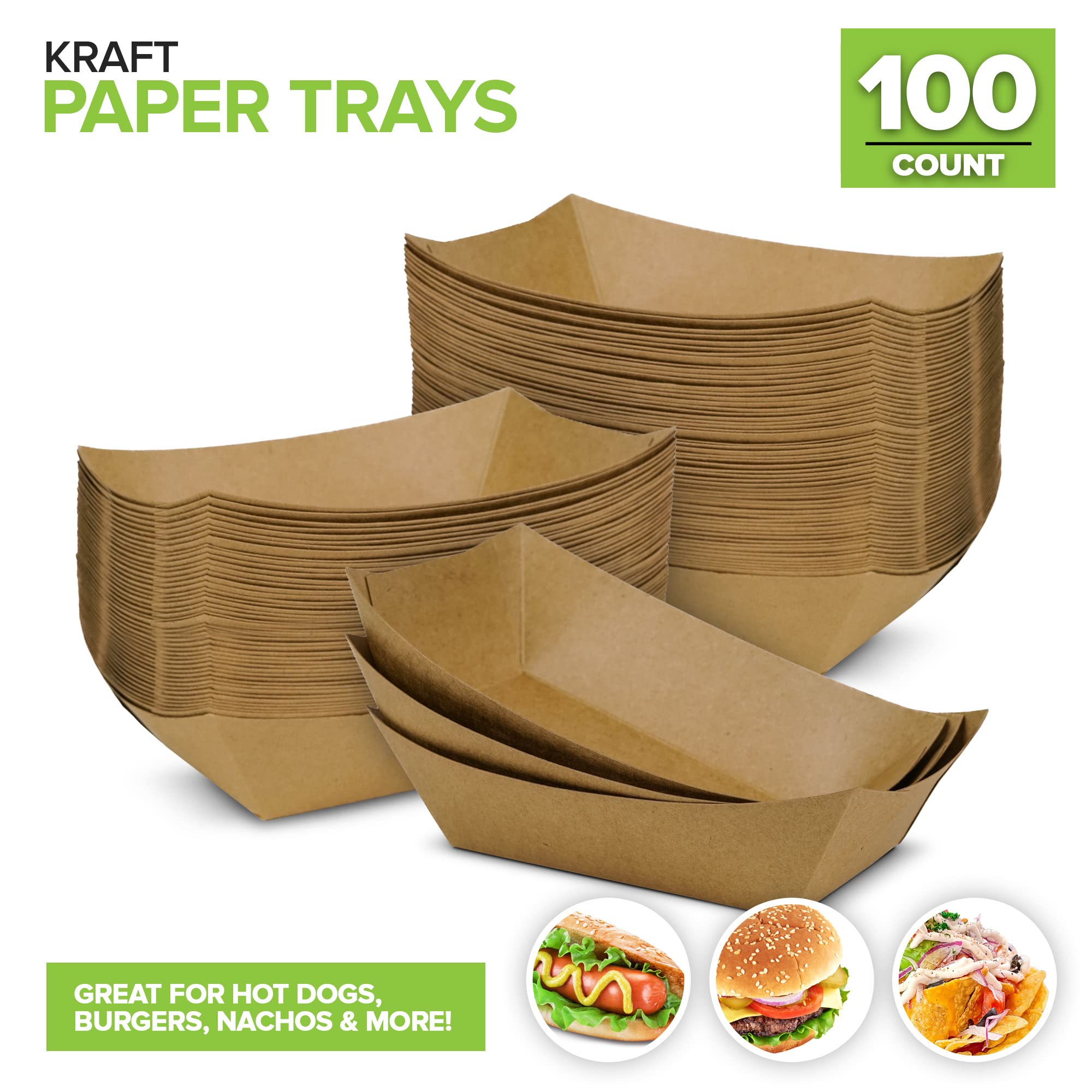 100 Pack 2-Lb Heavy-Duty Brown Kraft Paper Food Trays | Disposable Serving Boats for Hot Dogs, Tacos, Nachos, Seafood & BBQ | Perfect for Parties, Picnics, Carnivals & Birthday Events | Eco-Friendly Disposable Tableware for Easy Cleanup